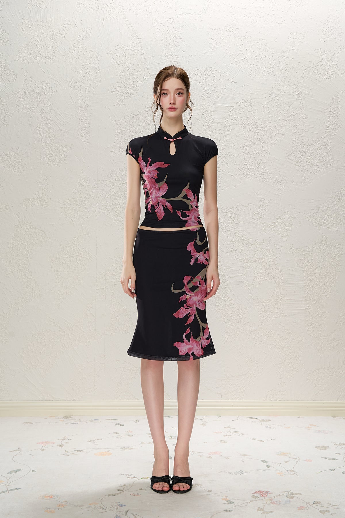 HIIMDAI Floral Frog-Button Qipao Top & Midi Skirt Set