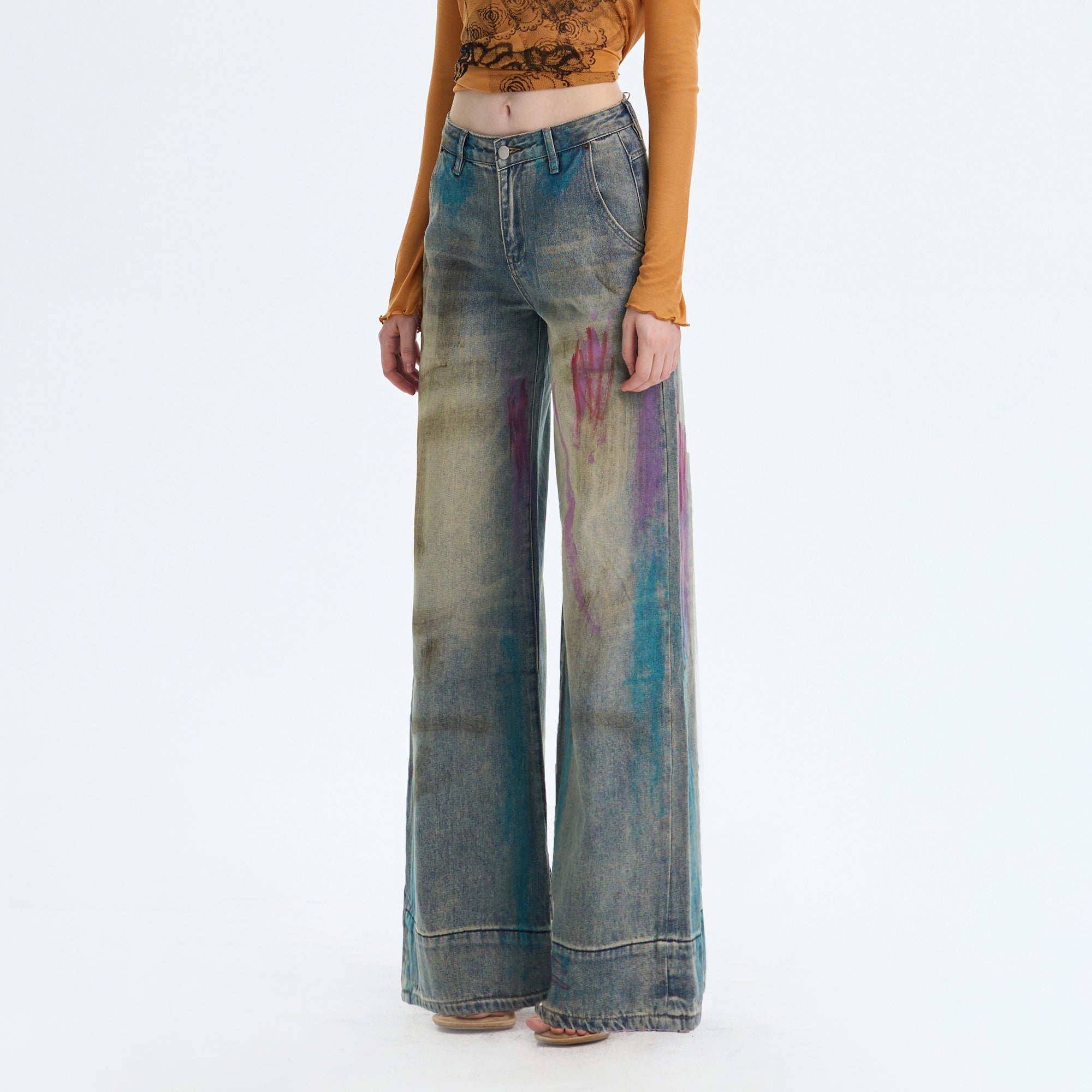 THE NEVERMORE Distressed Graffiti-Wash Wide-Leg Jeans