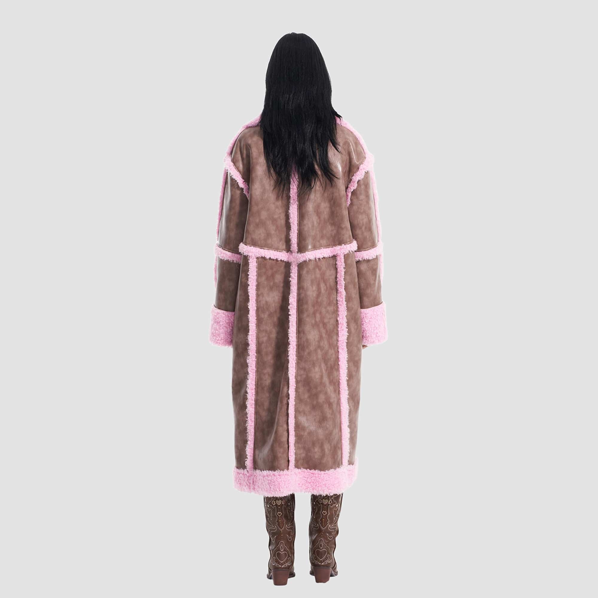 VANN VALRENCE Shearling-Trim Panel PU Long Coat