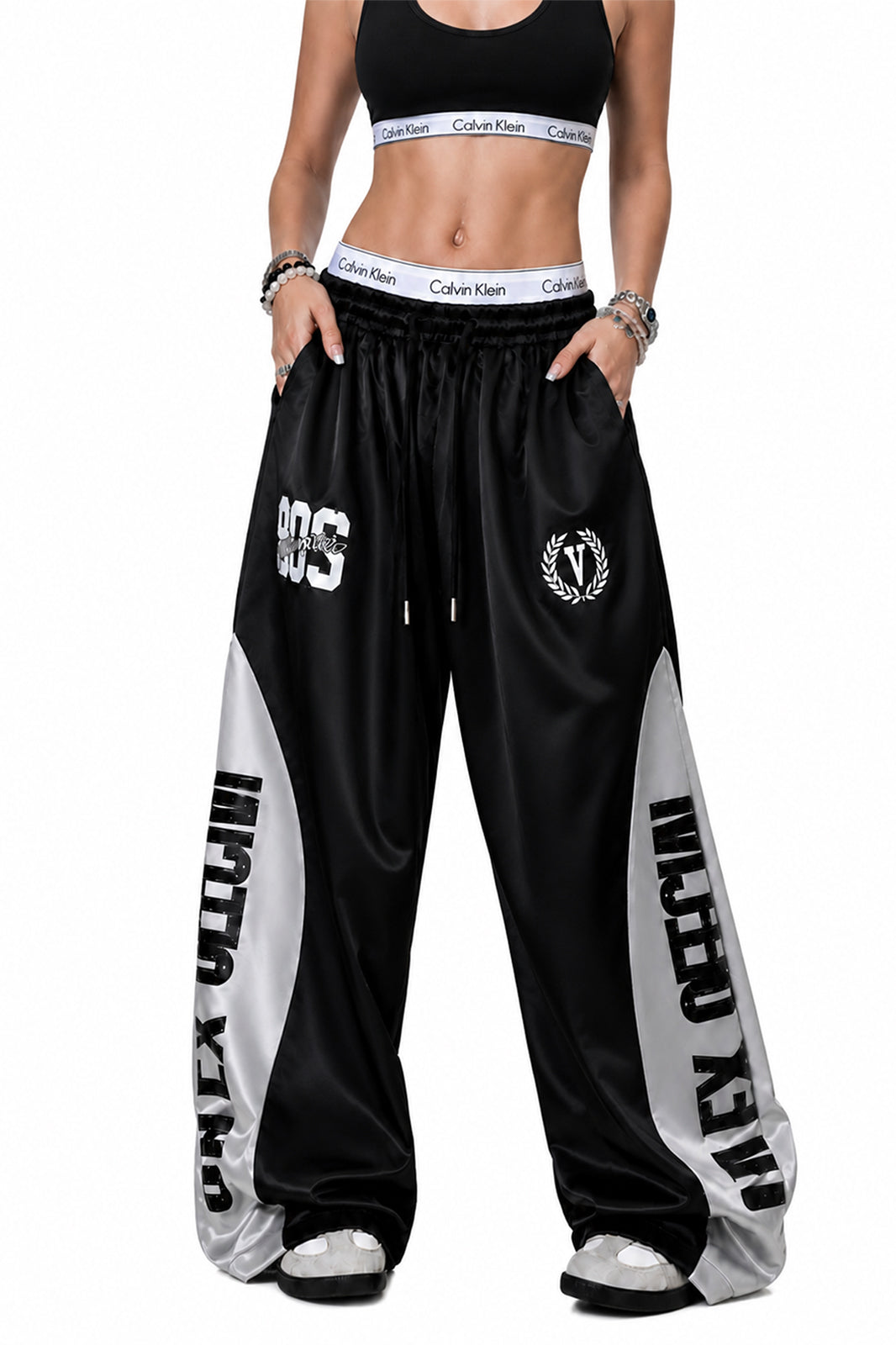 FREE CENTER Spliced Glossy Wide-Leg Sweatpants