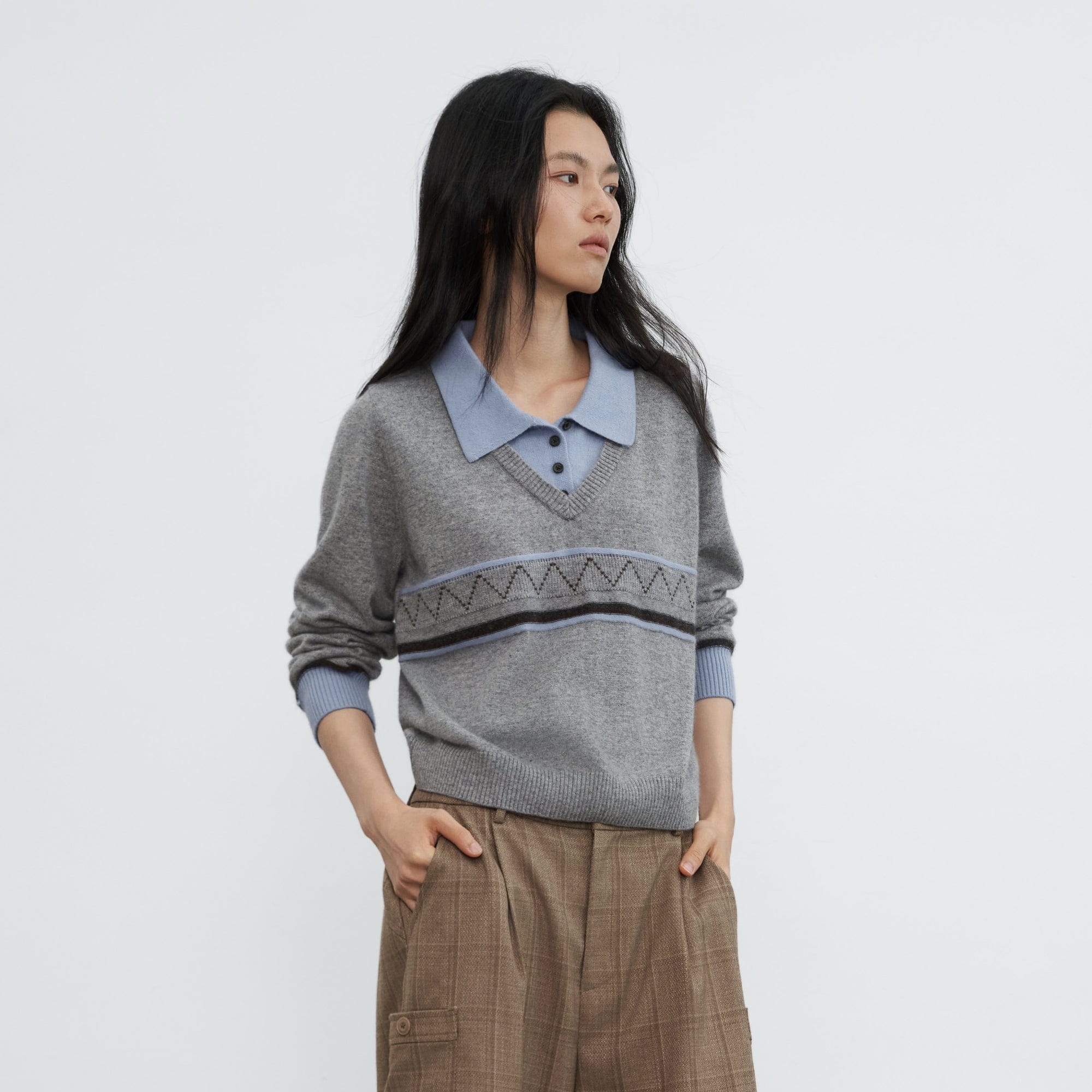 SAME FLOW Faux-Layered Knit Polo Sweater