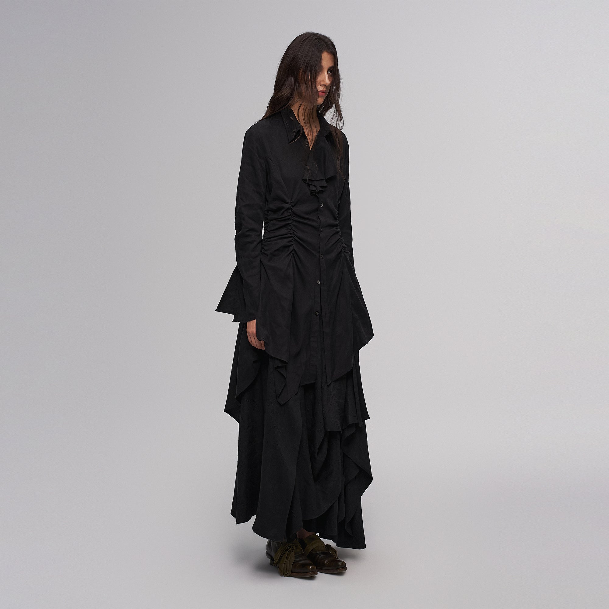 ILNya Nieternite Nifutur Asymmetric Ruched Waist Ruffle-Neck Long Shirt Black