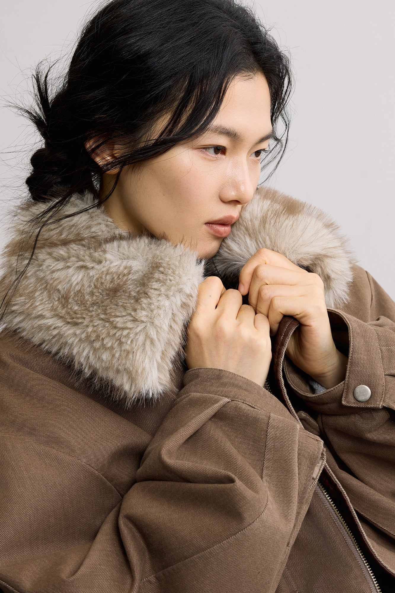 SAME FLOW Faux Fur Collar Oversized Utility Jacket