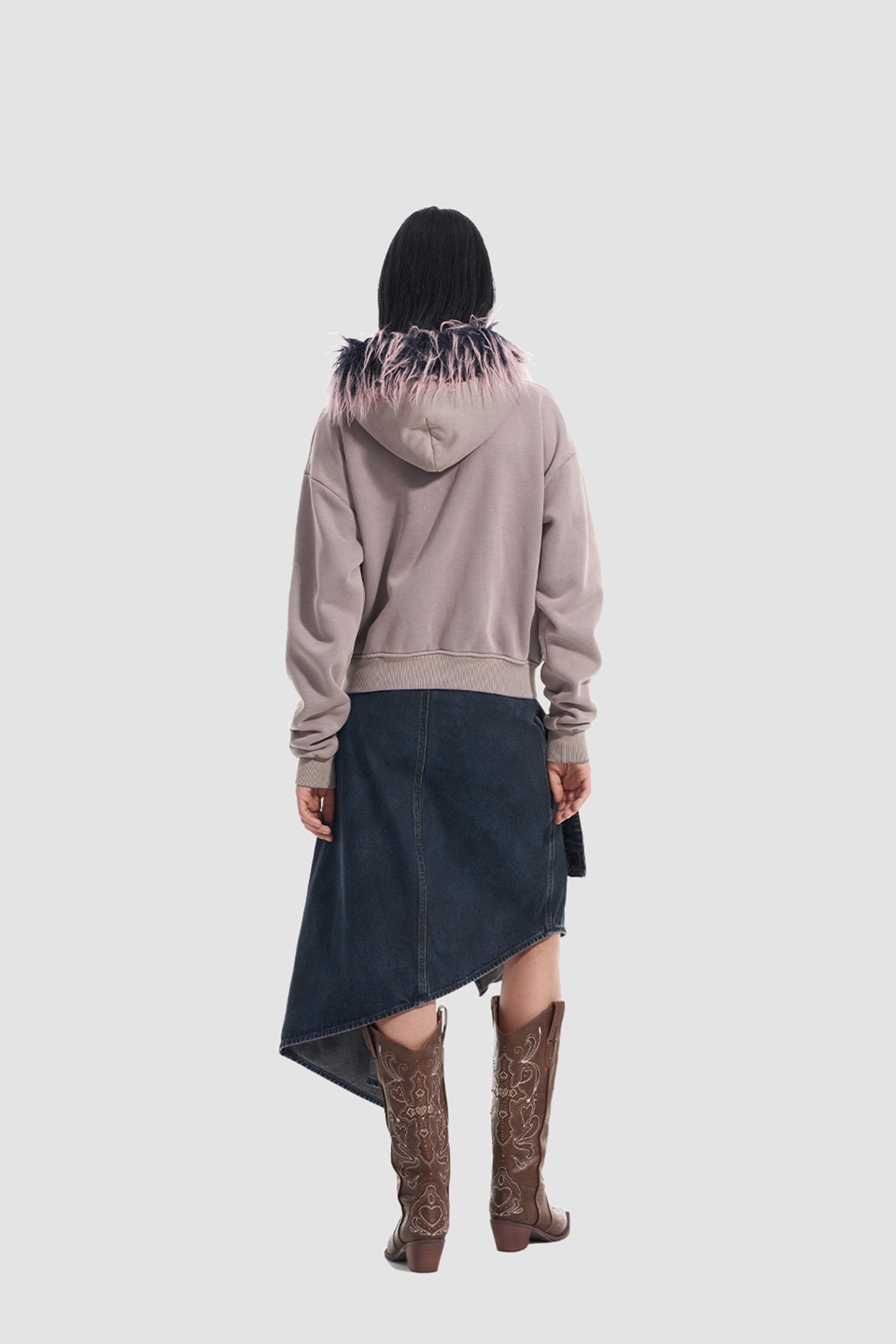 VANN VALRENCE Distressed Faux Fur Trim Zip Hoodie