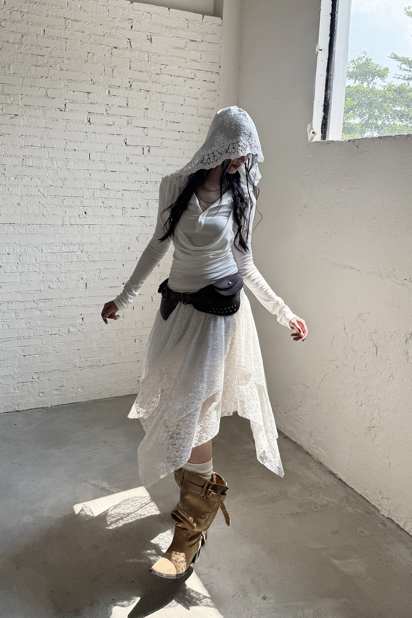 RIDK Layered Cowl Collar Lace Hooded Top
