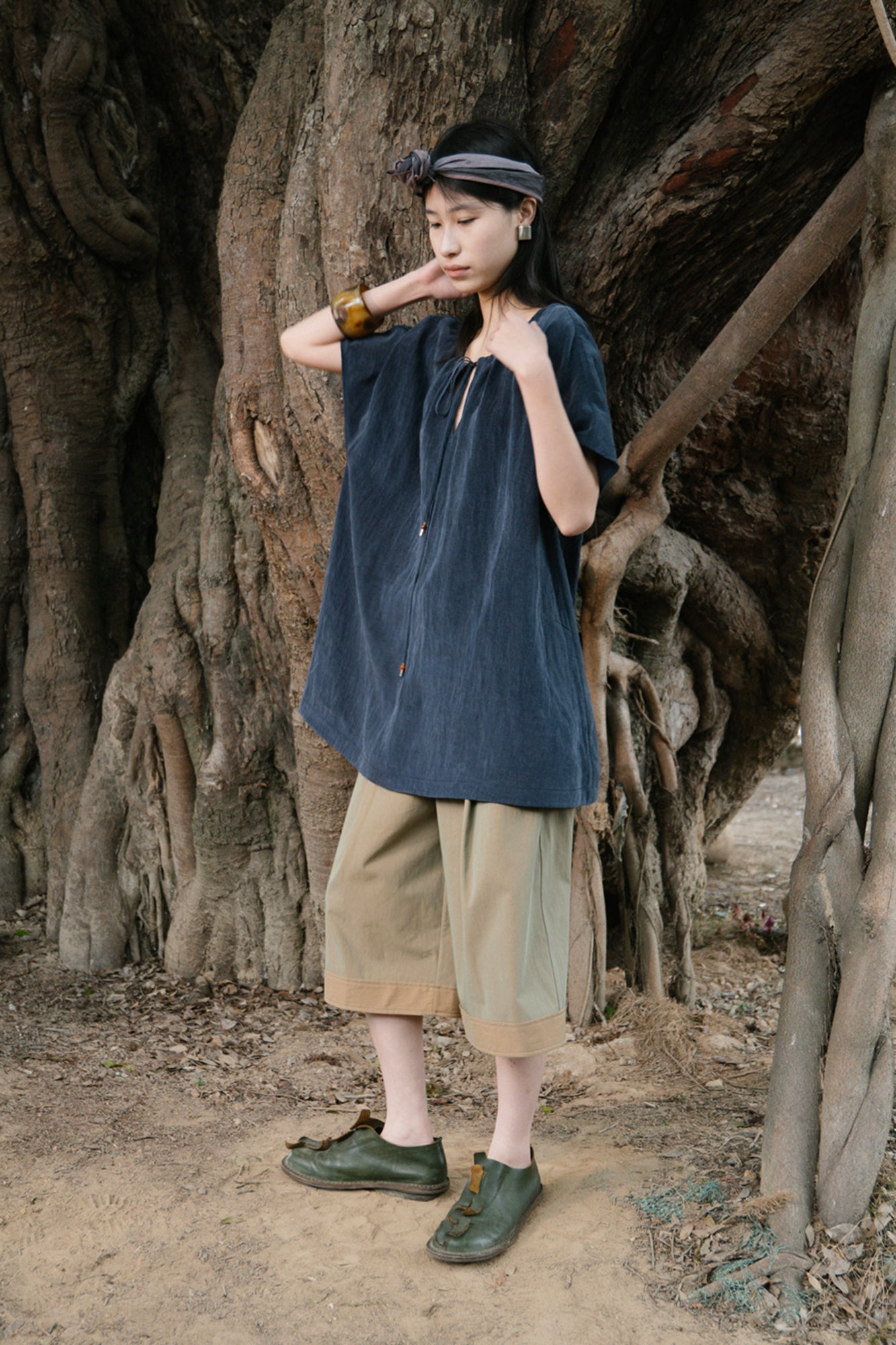 CAIRA Washed Drawstring Neck T-Shirt