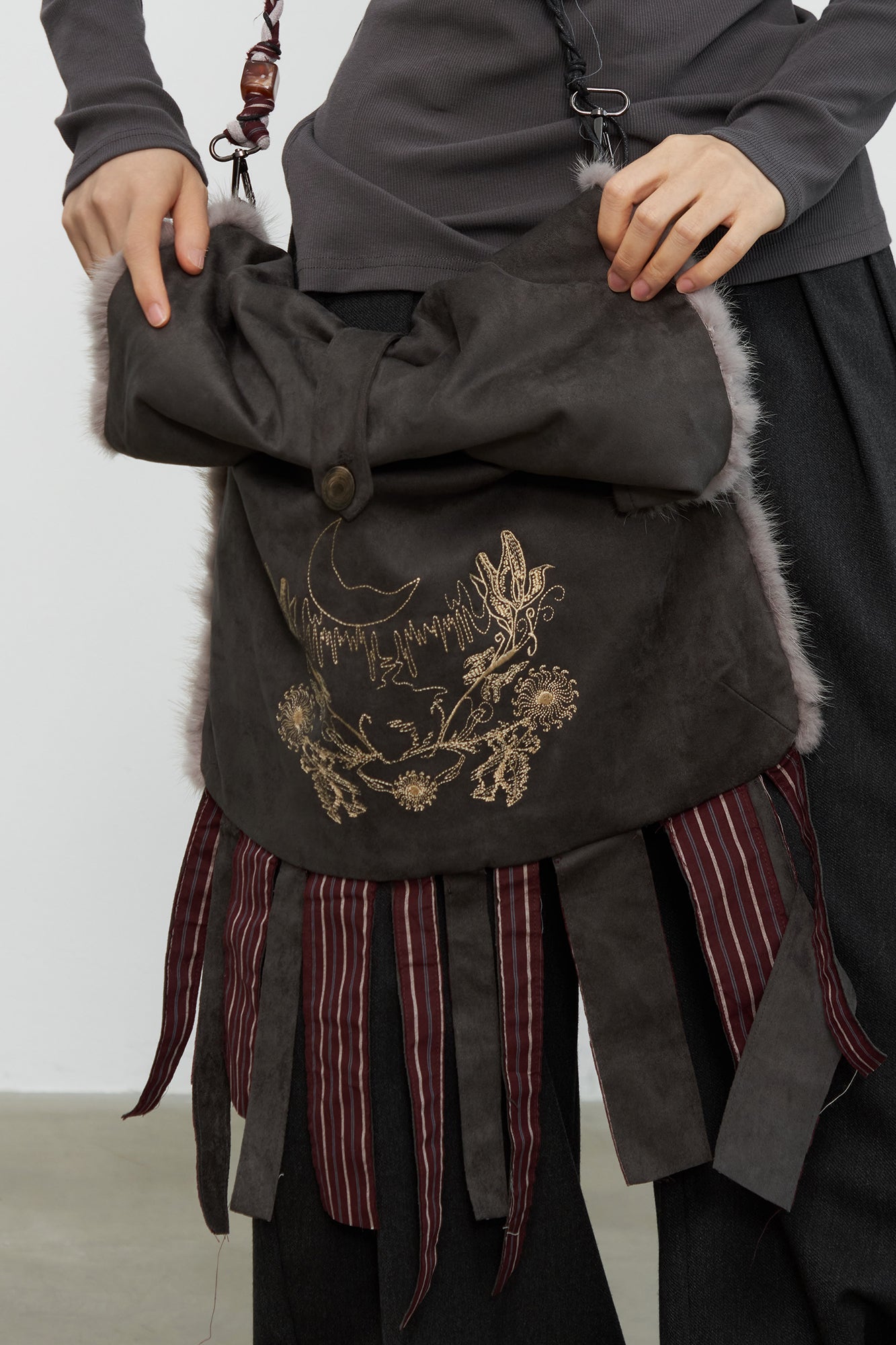 SAME FLOW Embroidered Faux Suede Fringe Messenger Bag