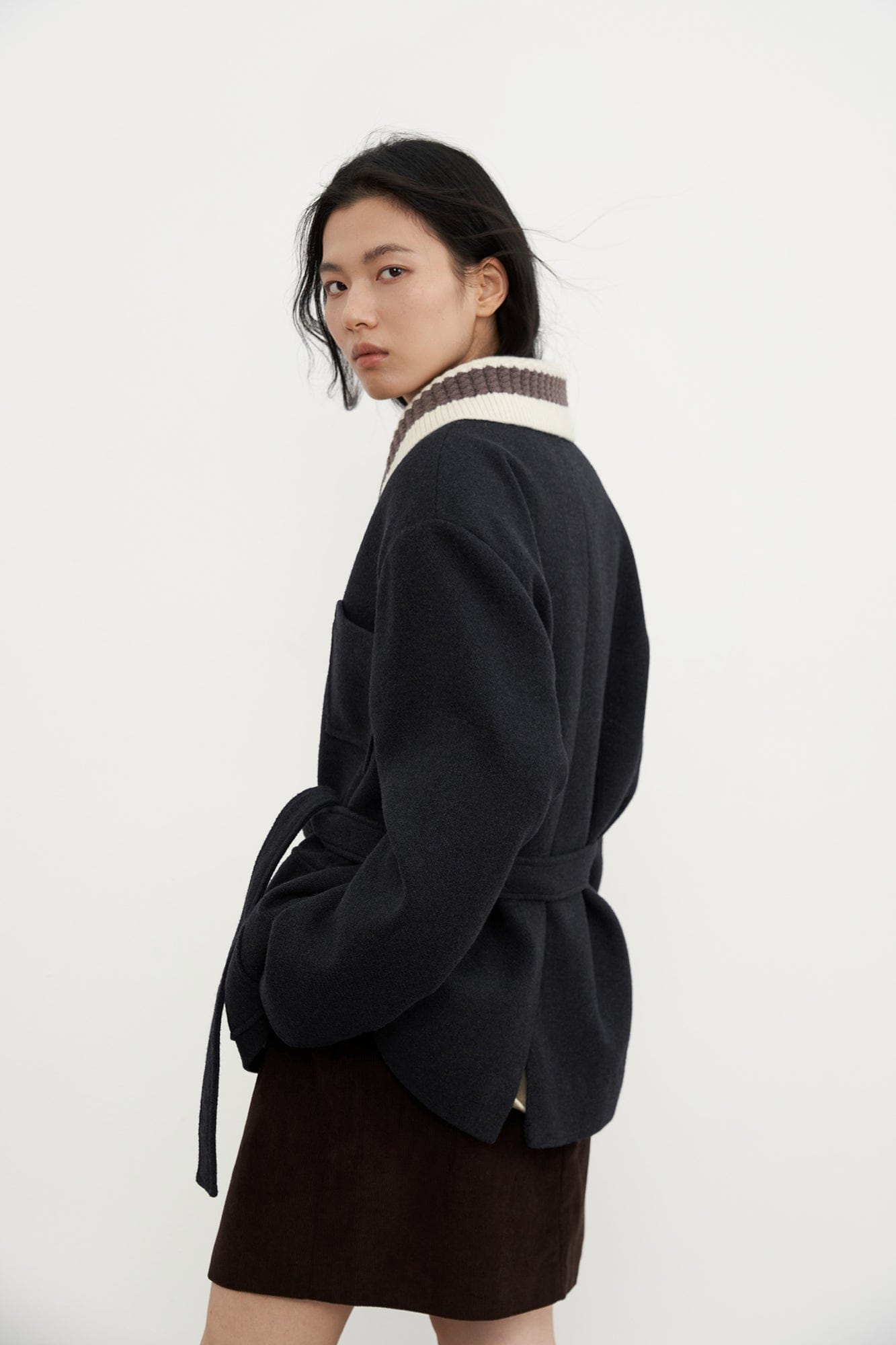 SAME FLOW Contrast Knit Collar Belt Wool-Blend Jacket