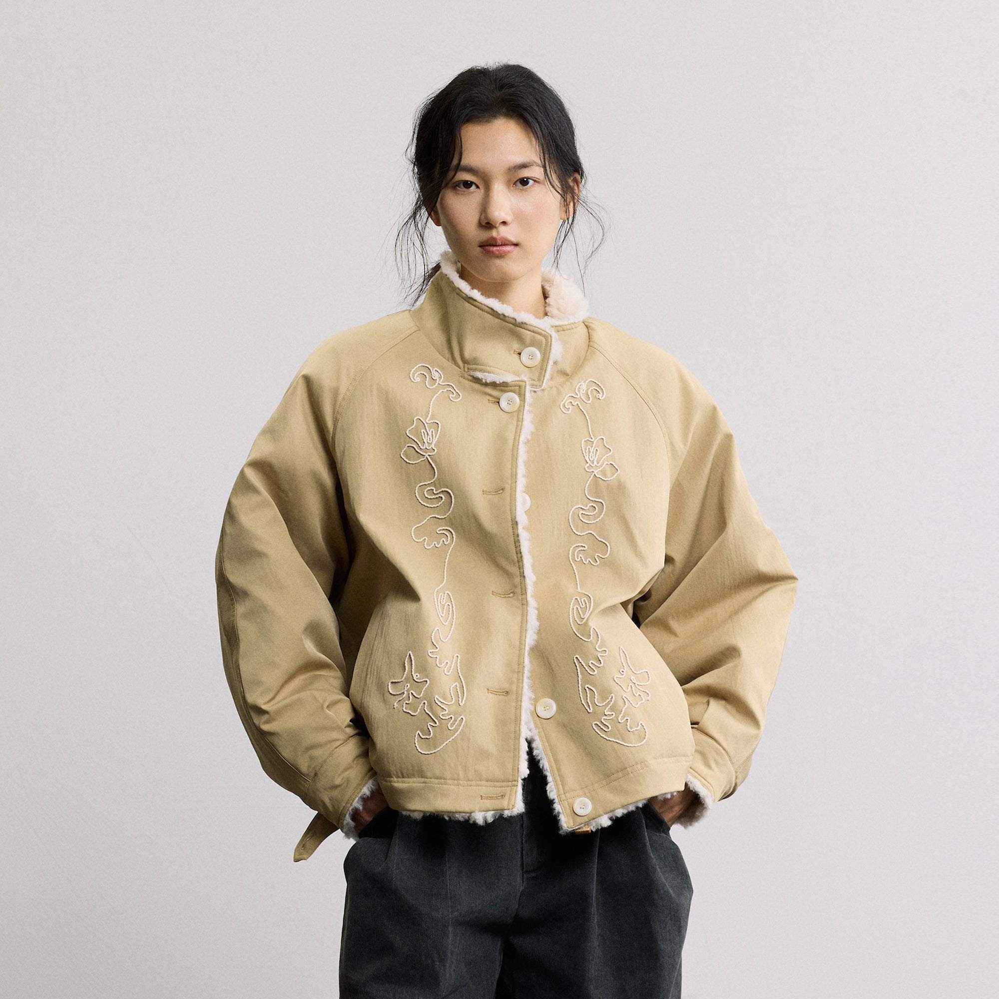 SAME FLOW Reversible Embroidered Fleece-Lined Jacket