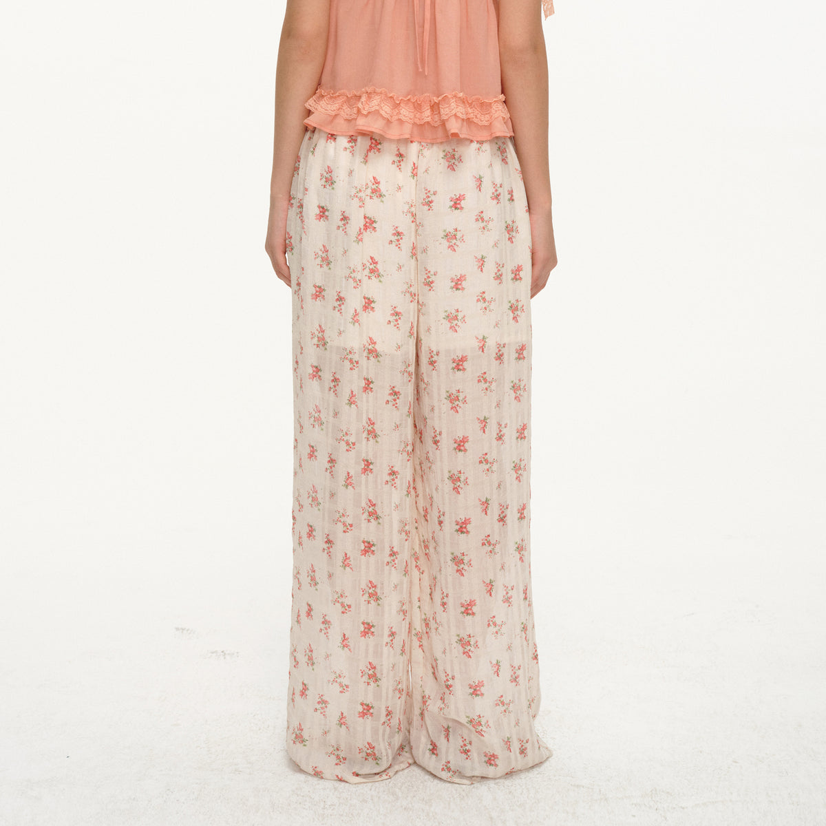 LVETONG Floral Ruffle-Trim Drawstring Wide-Leg Pants