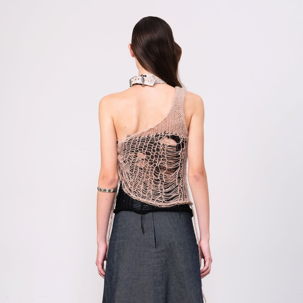 JUEJUEWORKS Open-Knit One-Shoulder Layered Tank Top