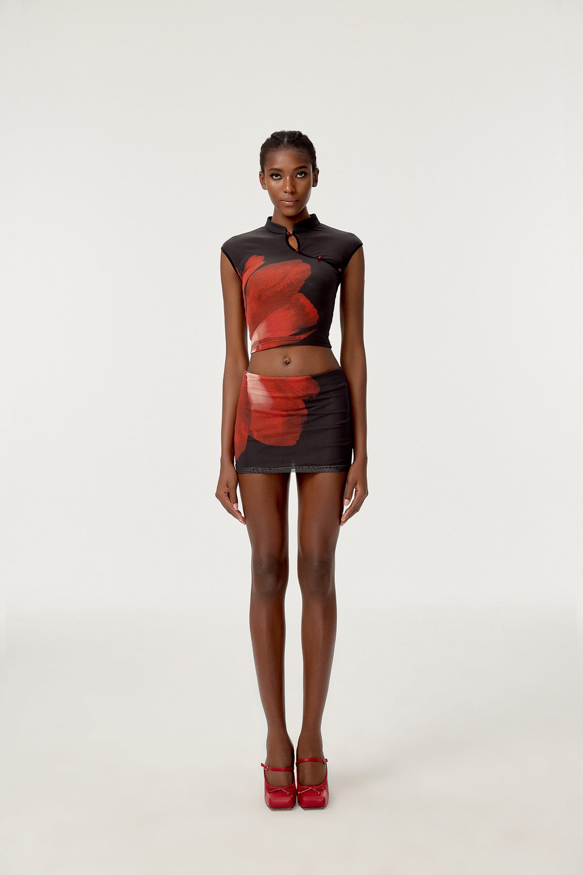HIIMDAI Asymmetrical Floral Keyhole Top & Mini Skirt Set