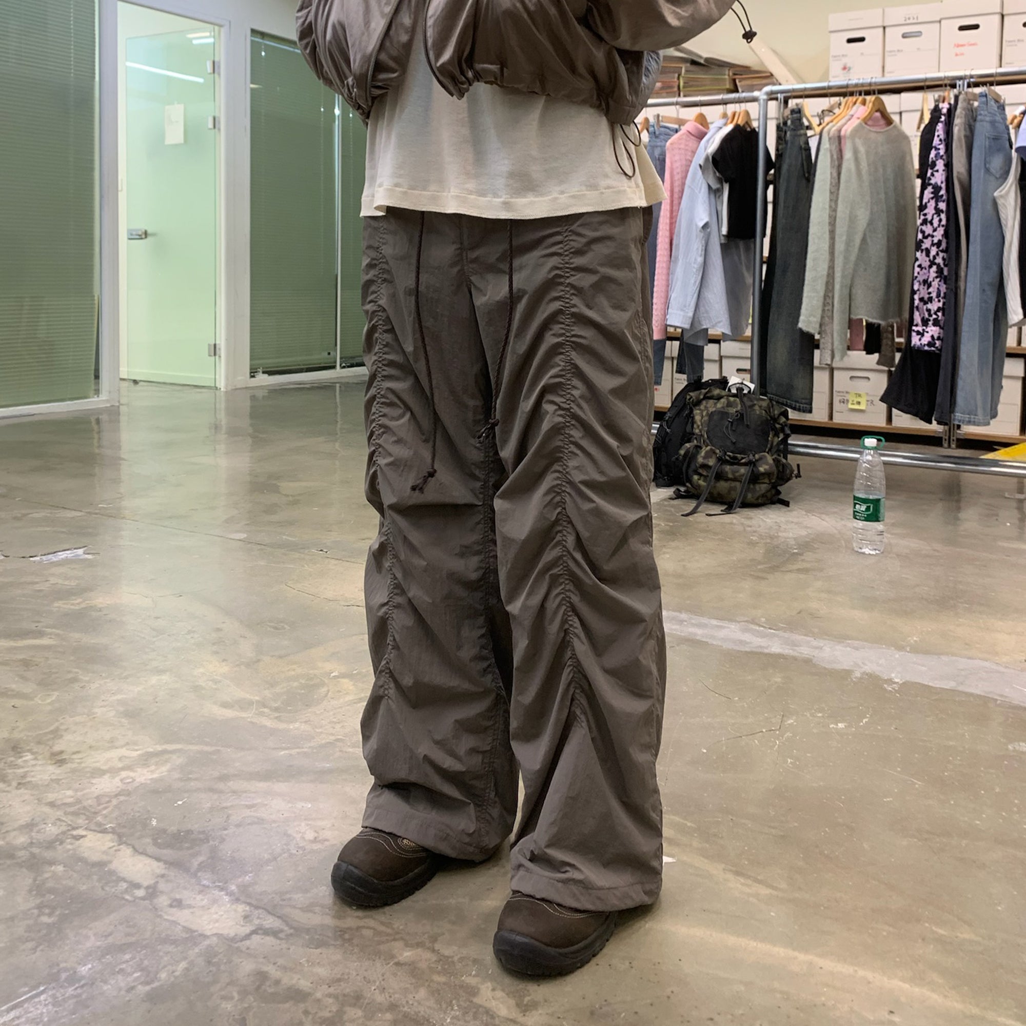 NEVERSEEZ Drawstring Ruched Wide-Leg Utility Pants