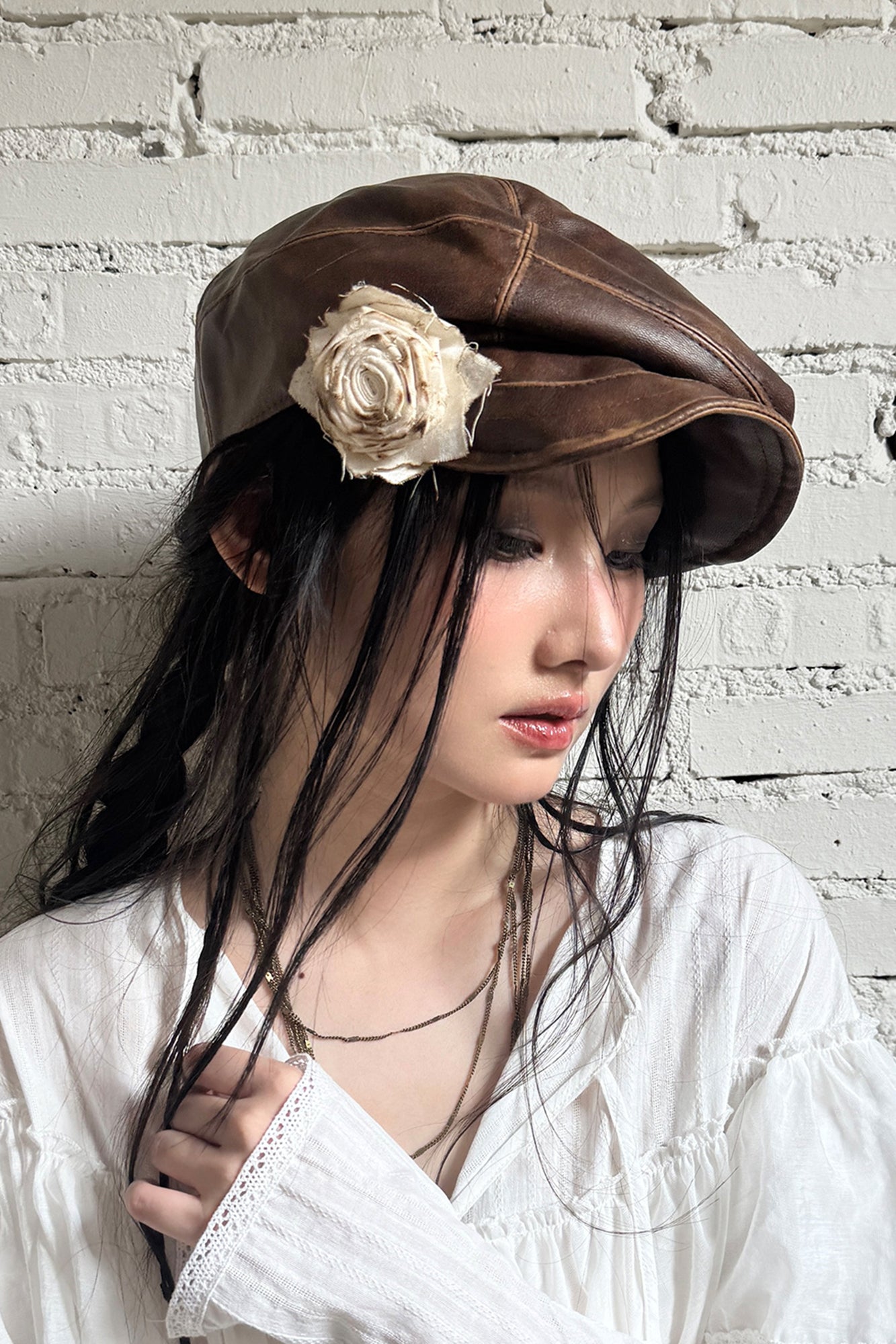 RIDK Faux Leather Rose Embellished Newsboy Cap