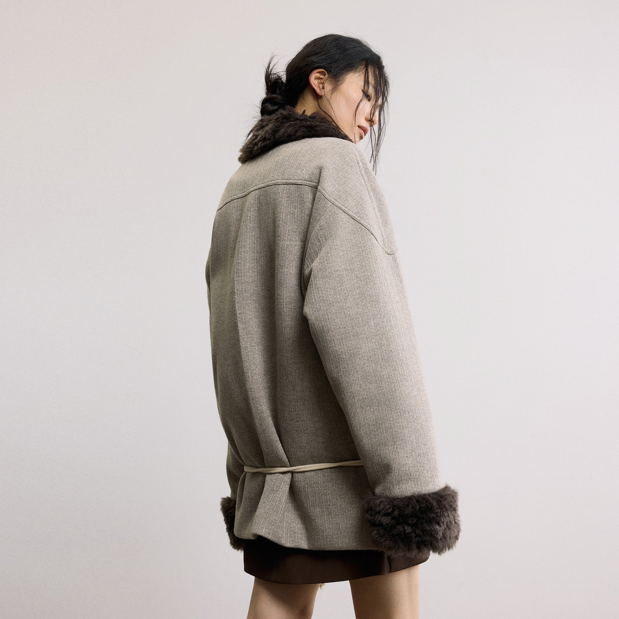 SAME FLOW Asym Faux Fur Trim Paneled Jacket