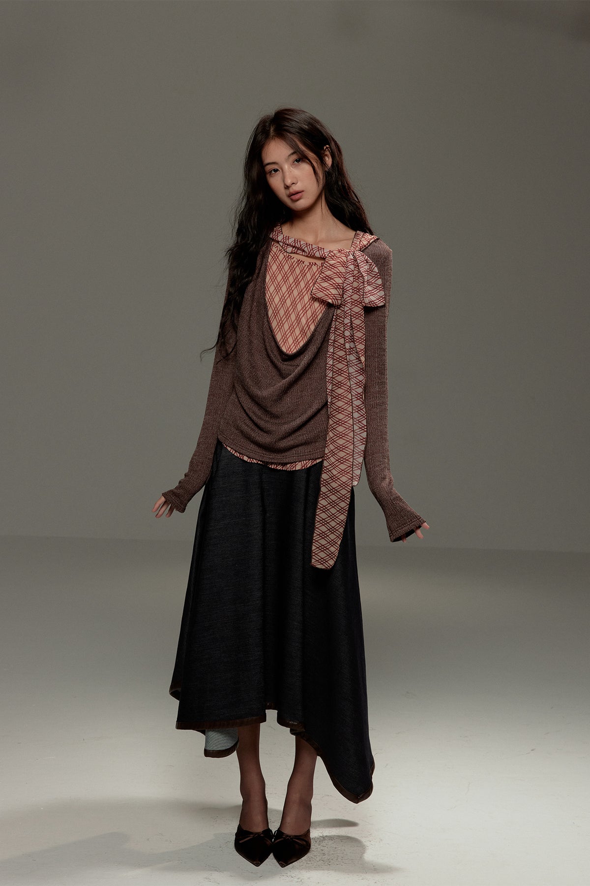 LVETONG Layered Plaid Scarf-Tie Cowl Long-Sleeve Tee