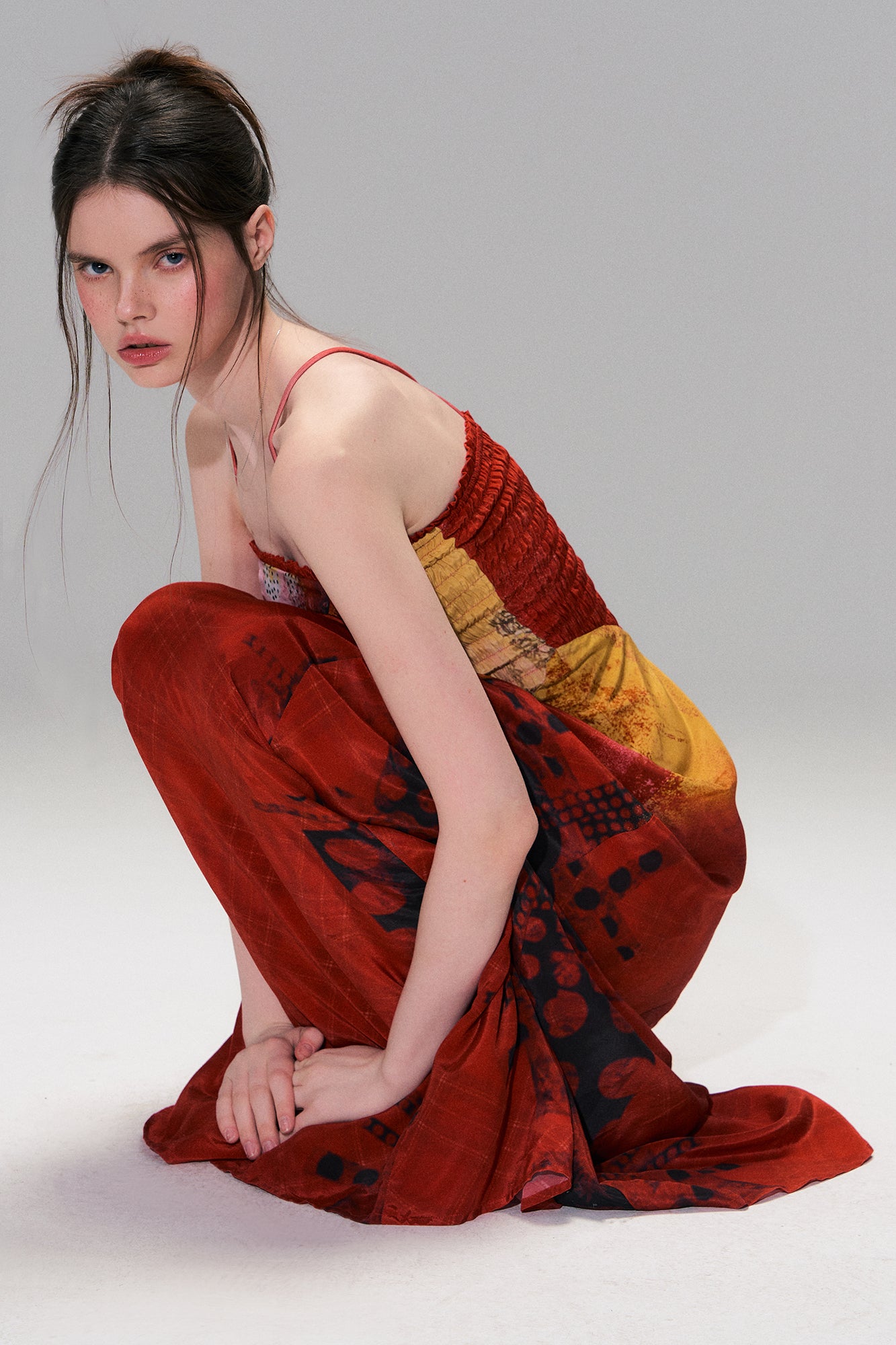 THE NEVERMORE Asymmetric Shirred Spliced Maxi Dress