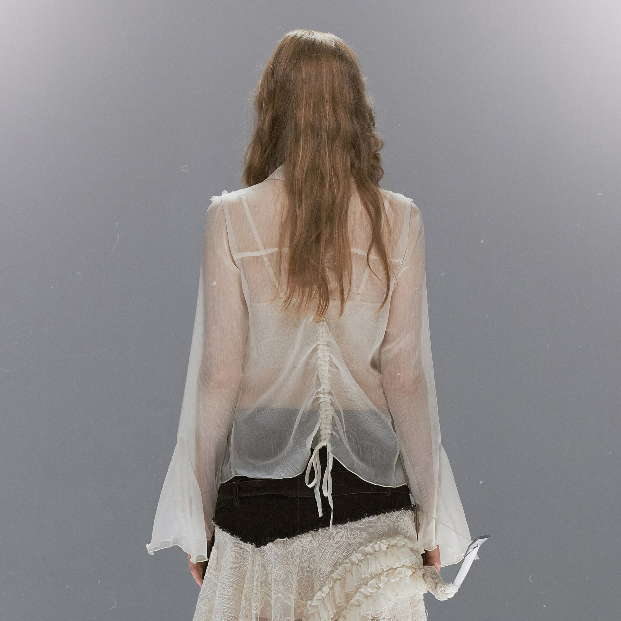 CESTNOUS Ruffle Lace-Panel Bell-Sleeve Shirt