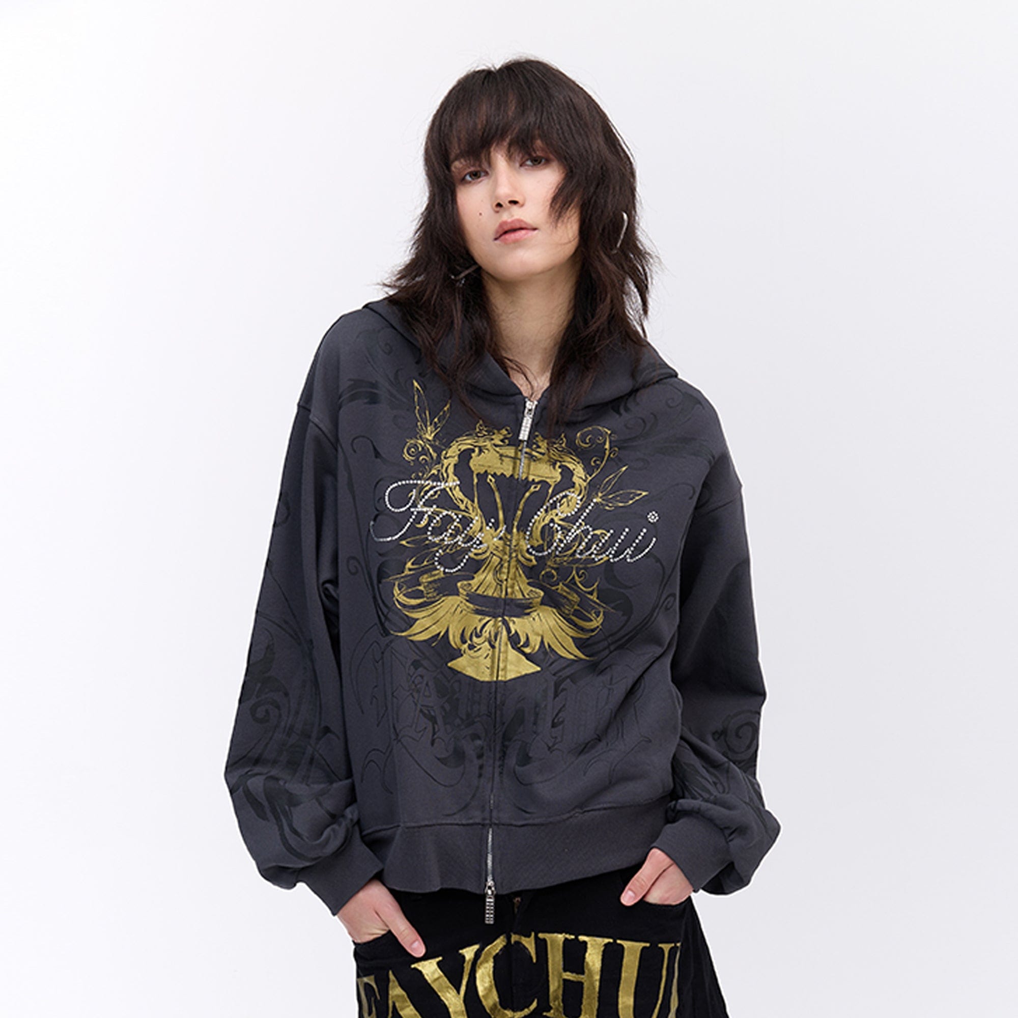 FAYCHUI Baroque Gold Foil Graphic Zip Hoodie