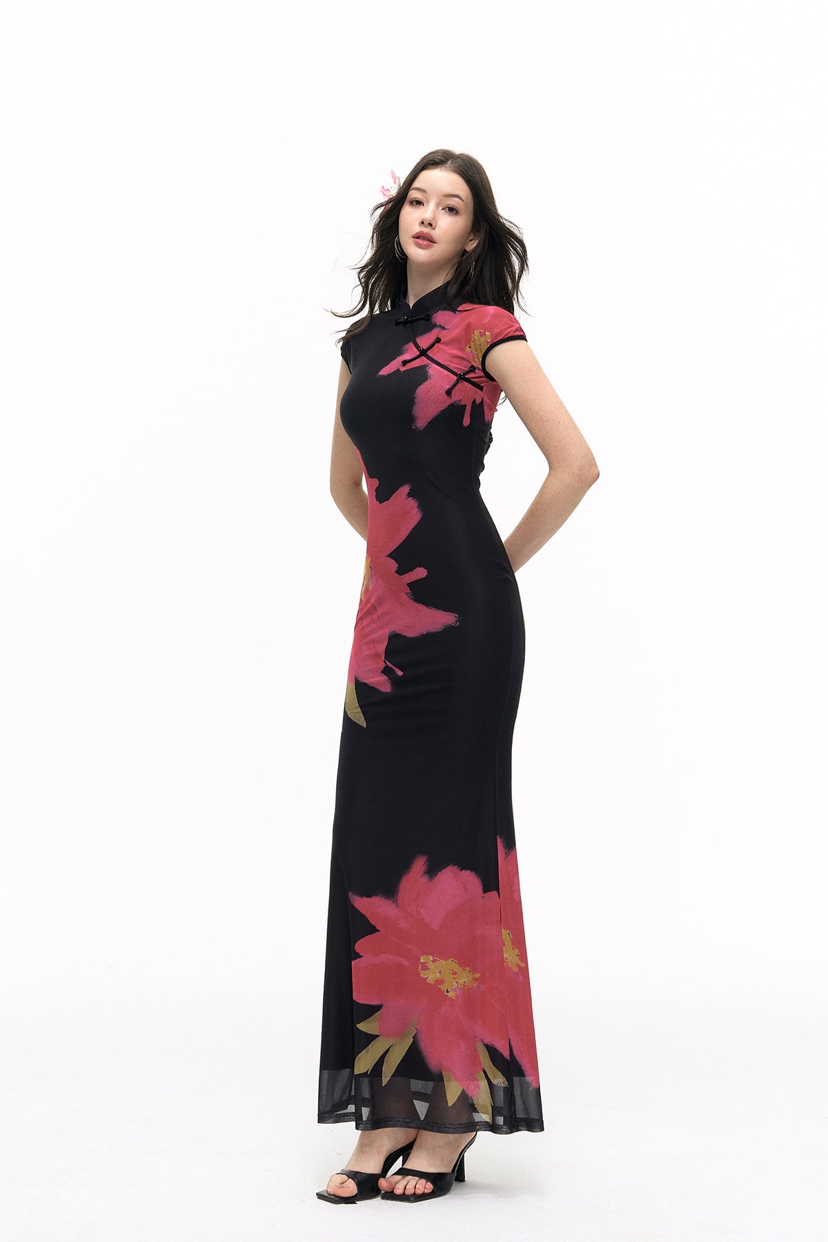 HIIMDAI Floral-Print Slim Qipao Maxi Dress