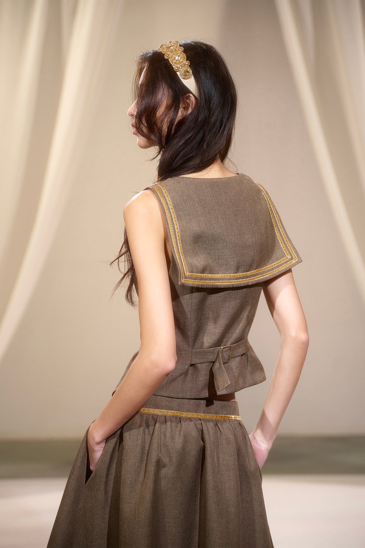 LVETONG Sailor-Collar Belted Vest & Gathered Skirt Set