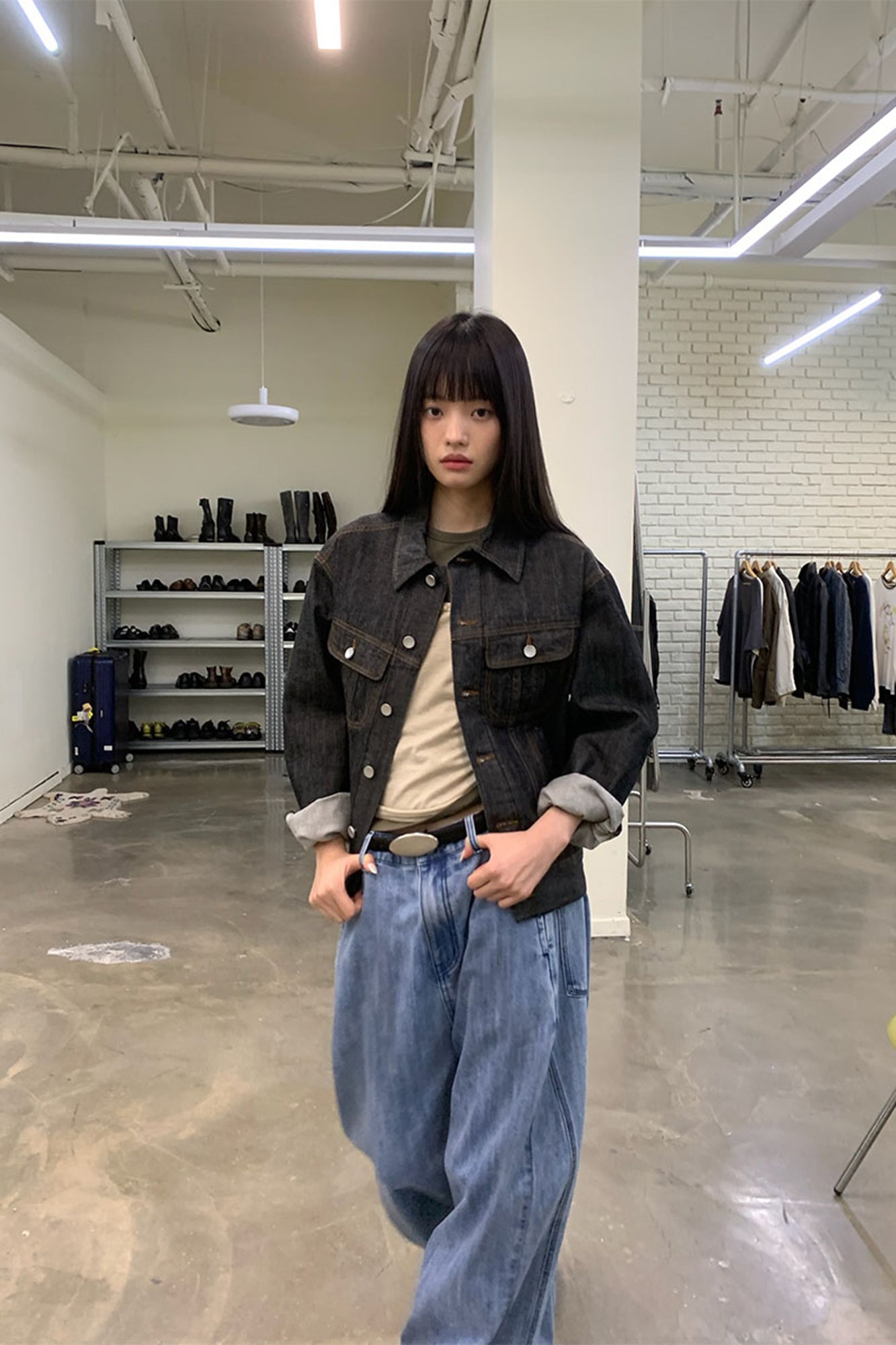 NEVERSEEZ Retro Waist-Tab Dark Denim Jacket