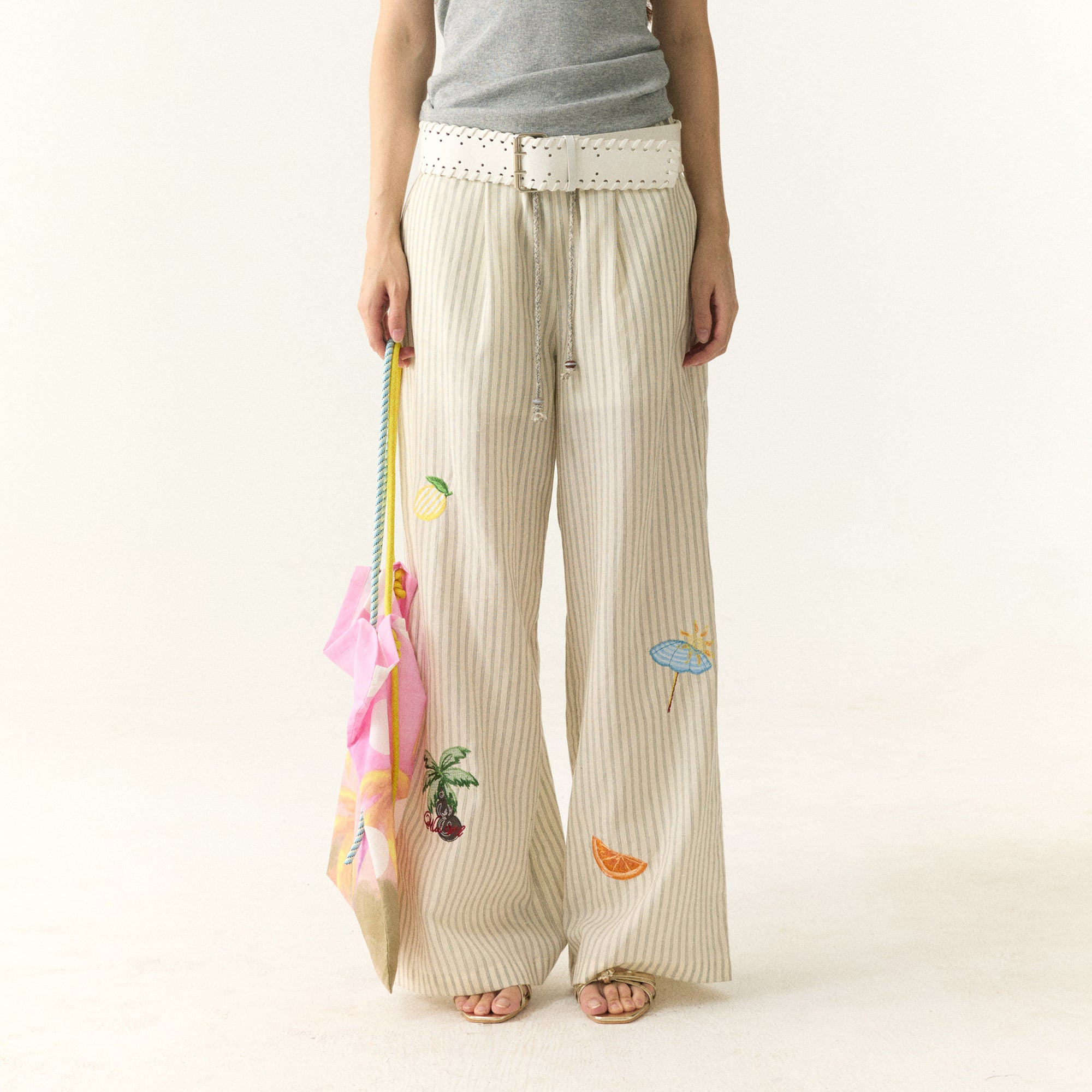 WII WIL Tropical Embroidered Stripe Wide-Leg Pants