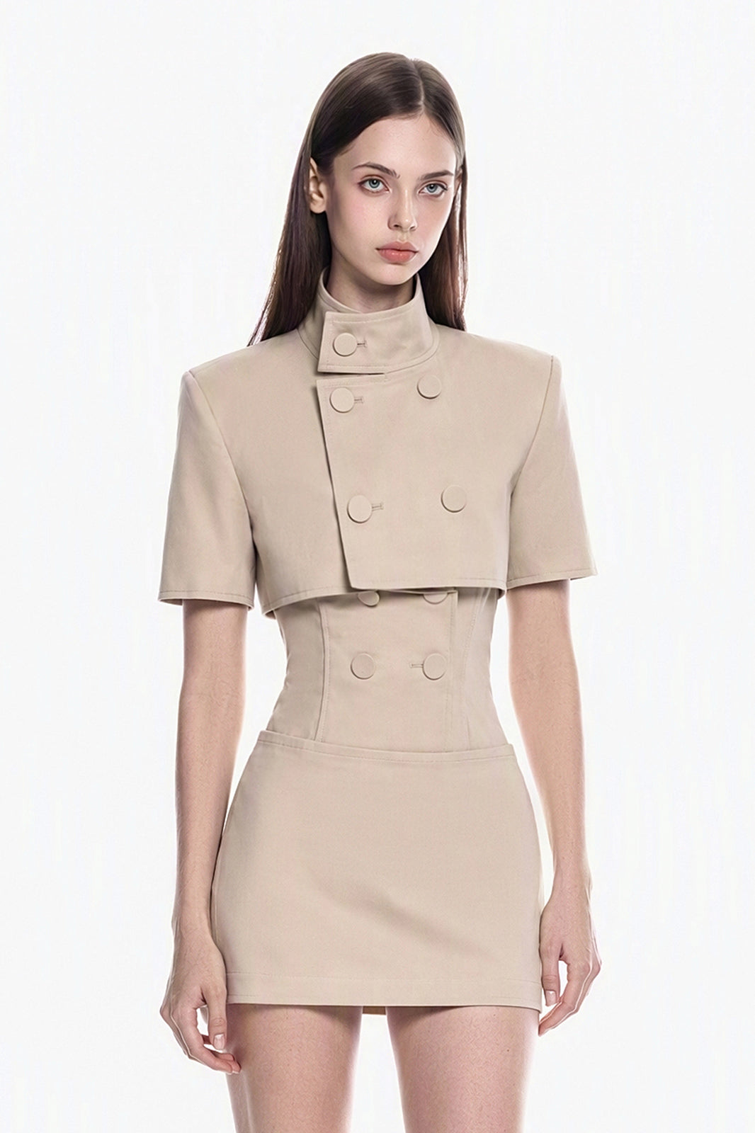 MILLIONLOTUS Military Cropped Cape Jacket & Bandeau Top & Mini Skirt Set