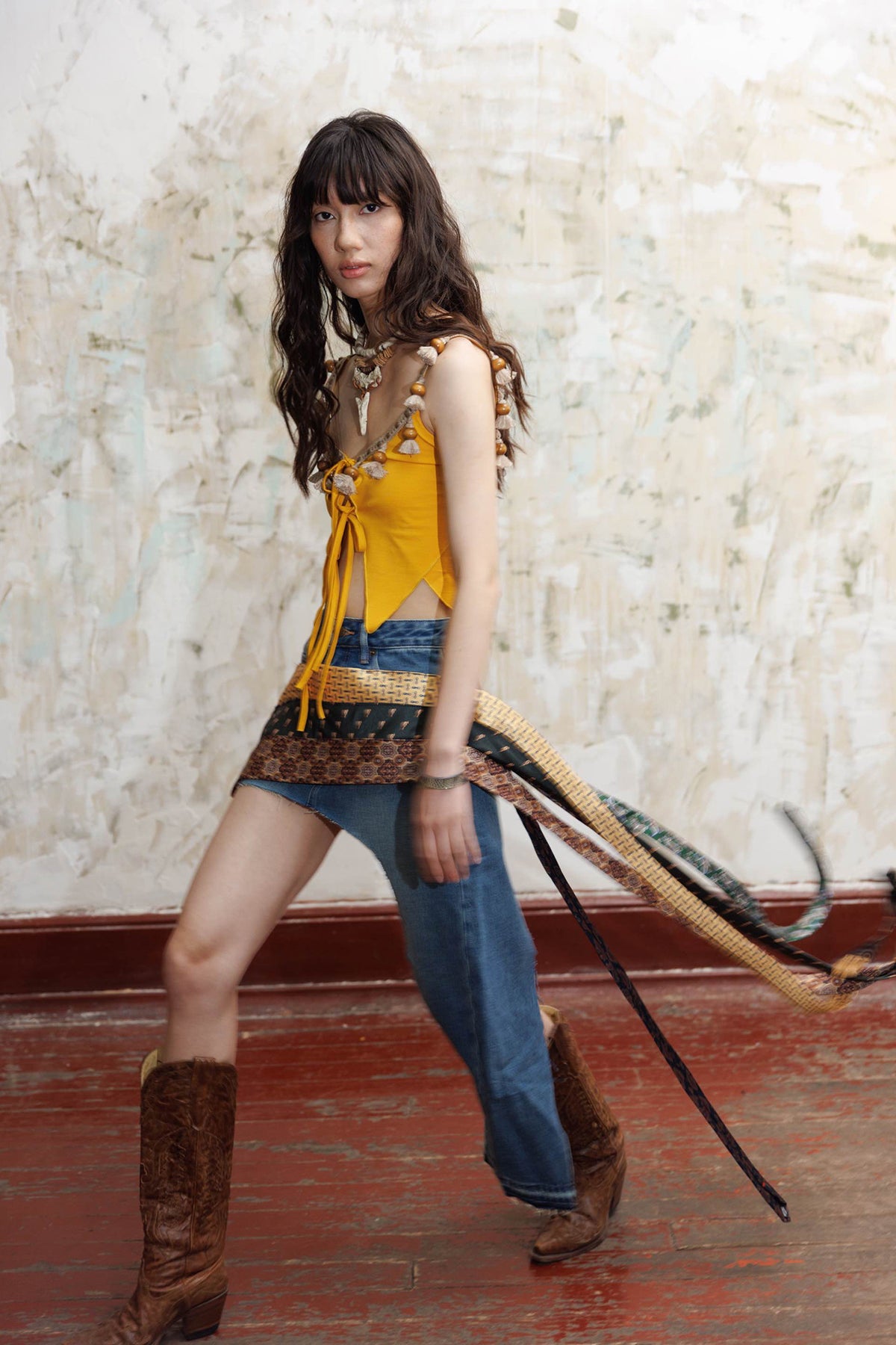 HUNGRAS Tie-Spliced Distressed Denim Skirt