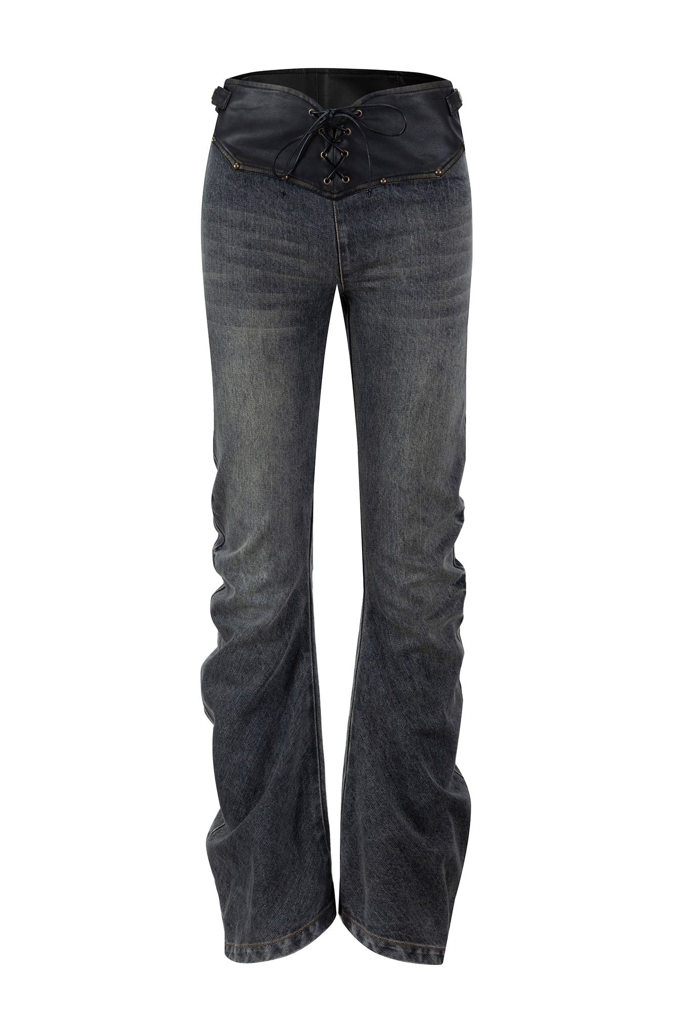 CESTNOUS Faux Leather Corset Waist Washed Jeans