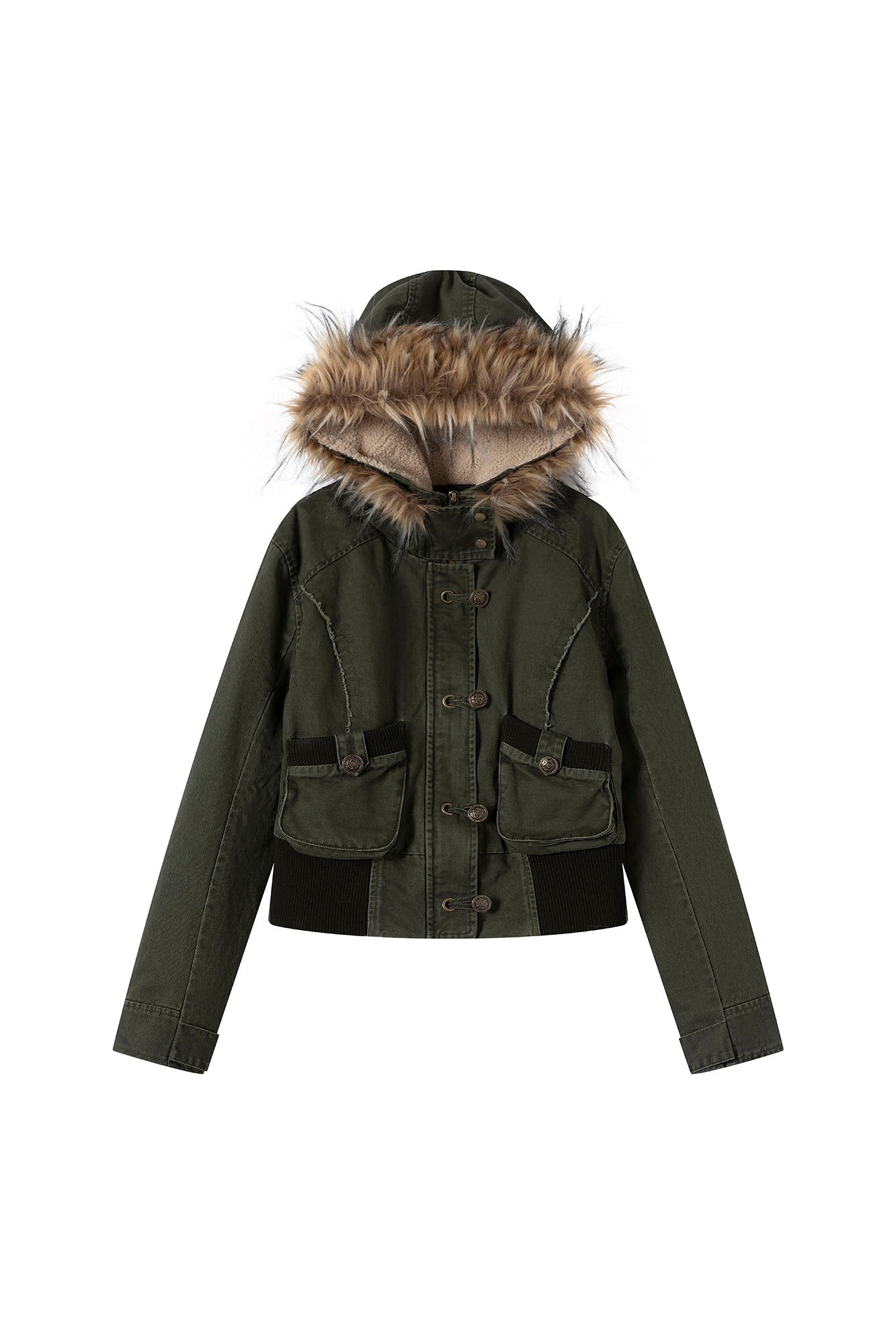 CESTNOUS Washed Military Faux-Fur Hooded Padded Jacket