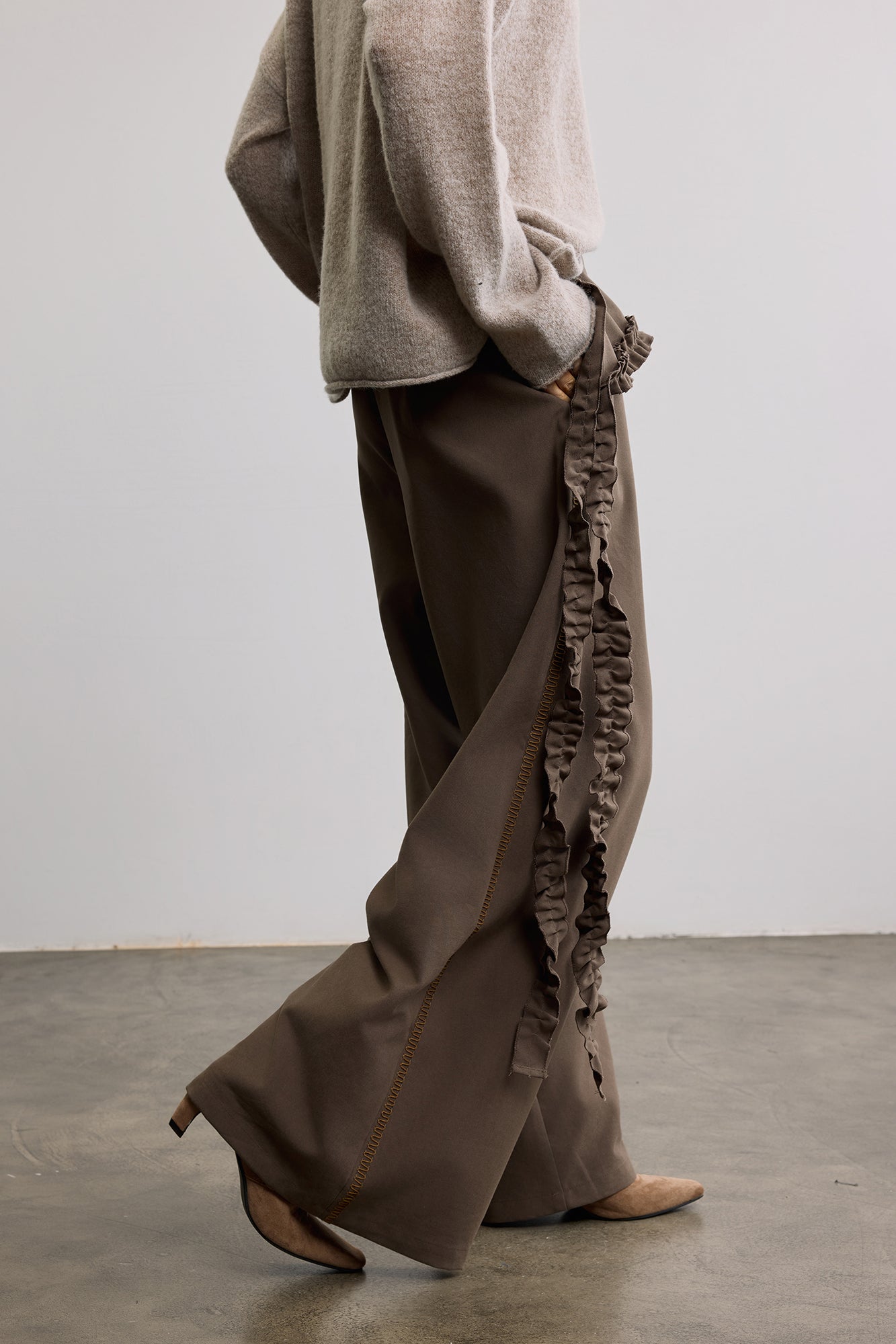 SAME FLOW Ruffle Trim Embroidered Wide-Leg Pants