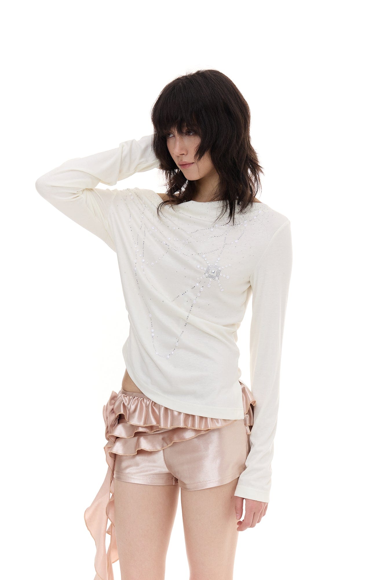 FAYCHUI Cowl Neck Pearl-Studded Long Sleeve Tee