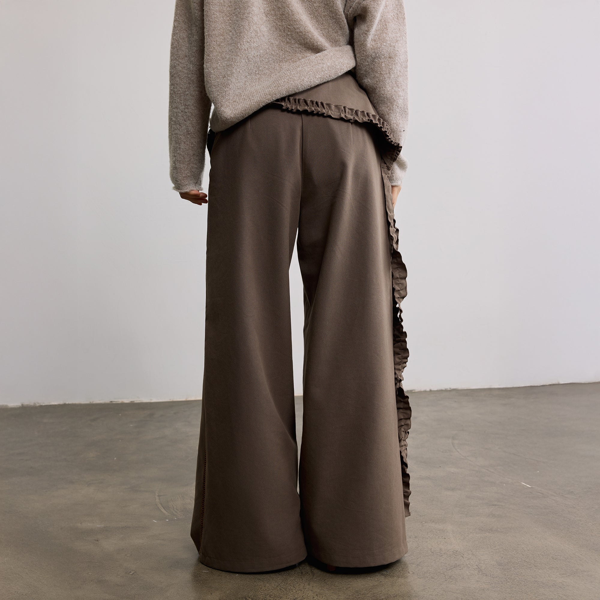 SAME FLOW Ruffle Trim Embroidered Wide-Leg Pants