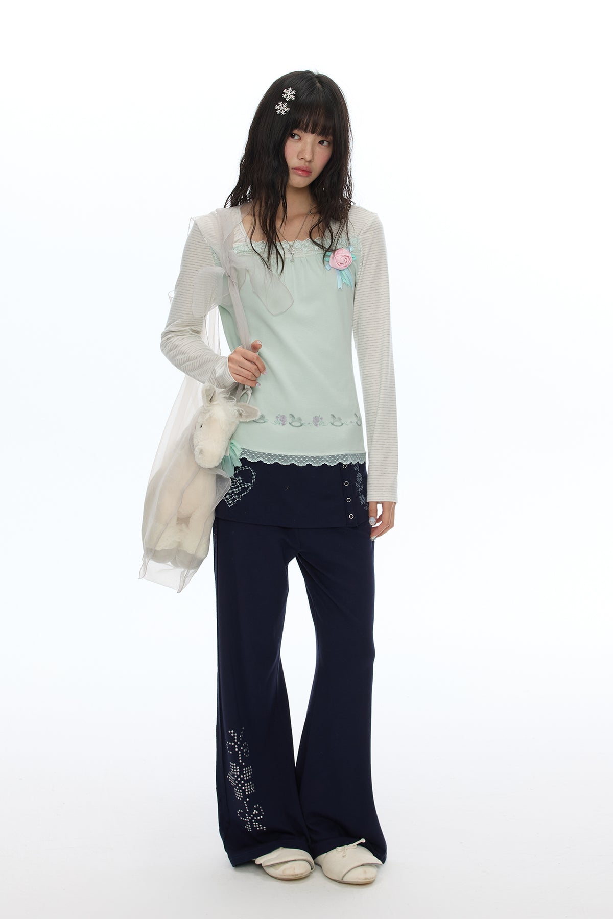 BETWEENAND Diamond Graphic Skirt-Overlay Flared Sweatpants
