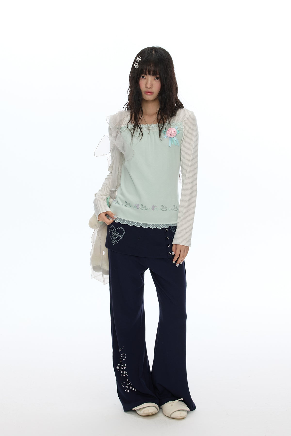 BETWEENAND Diamond Graphic Skirt-Overlay Flared Sweatpants