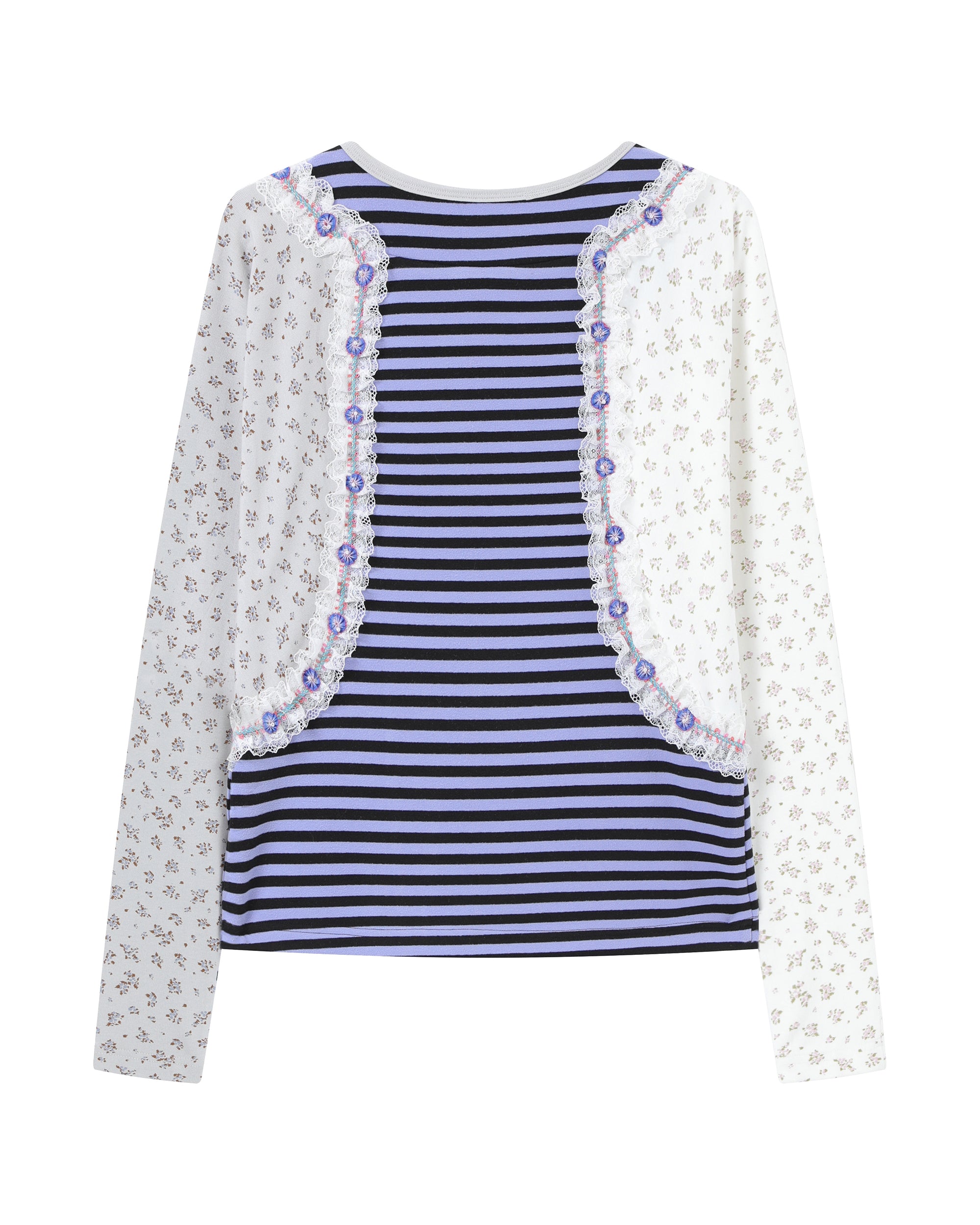 HAVEAMEAL Stripe Floral Lace Spliced Long-Sleeve Tee
