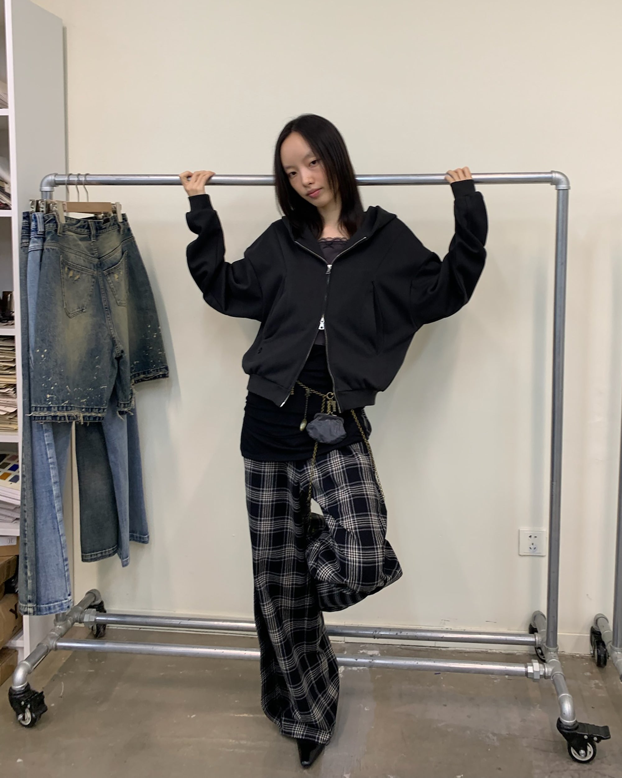NEVERSEEZ Plaid Ribbed Waist Straight-Leg Pants