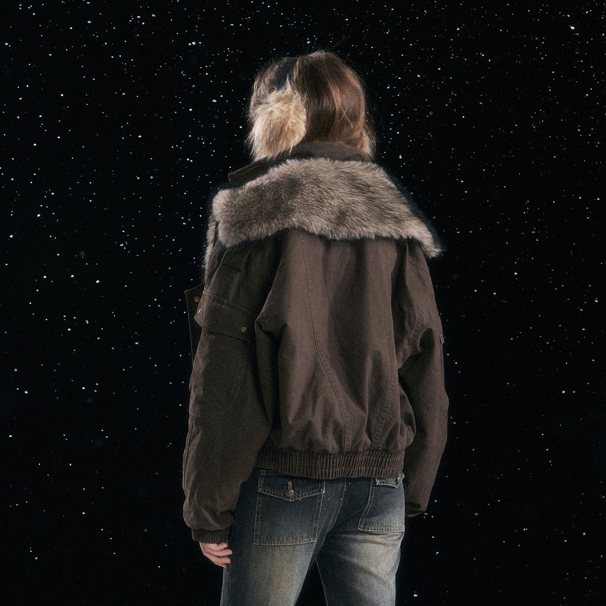 CESTNOUS Retro Detachable Faux-Fur Collar Bomber Jacket