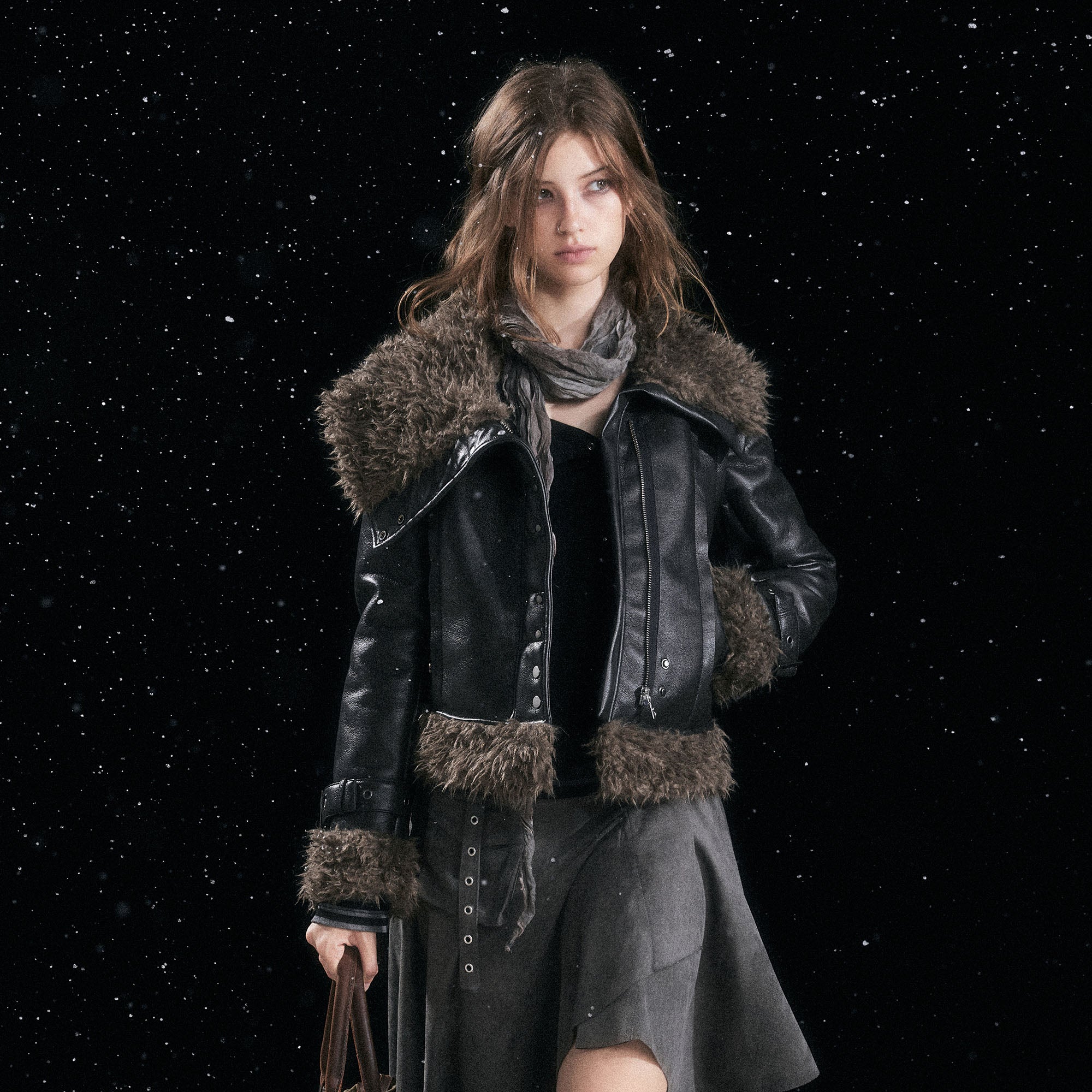 CESTNOUS Faux-Shearling Trim Faux Leather Jacket