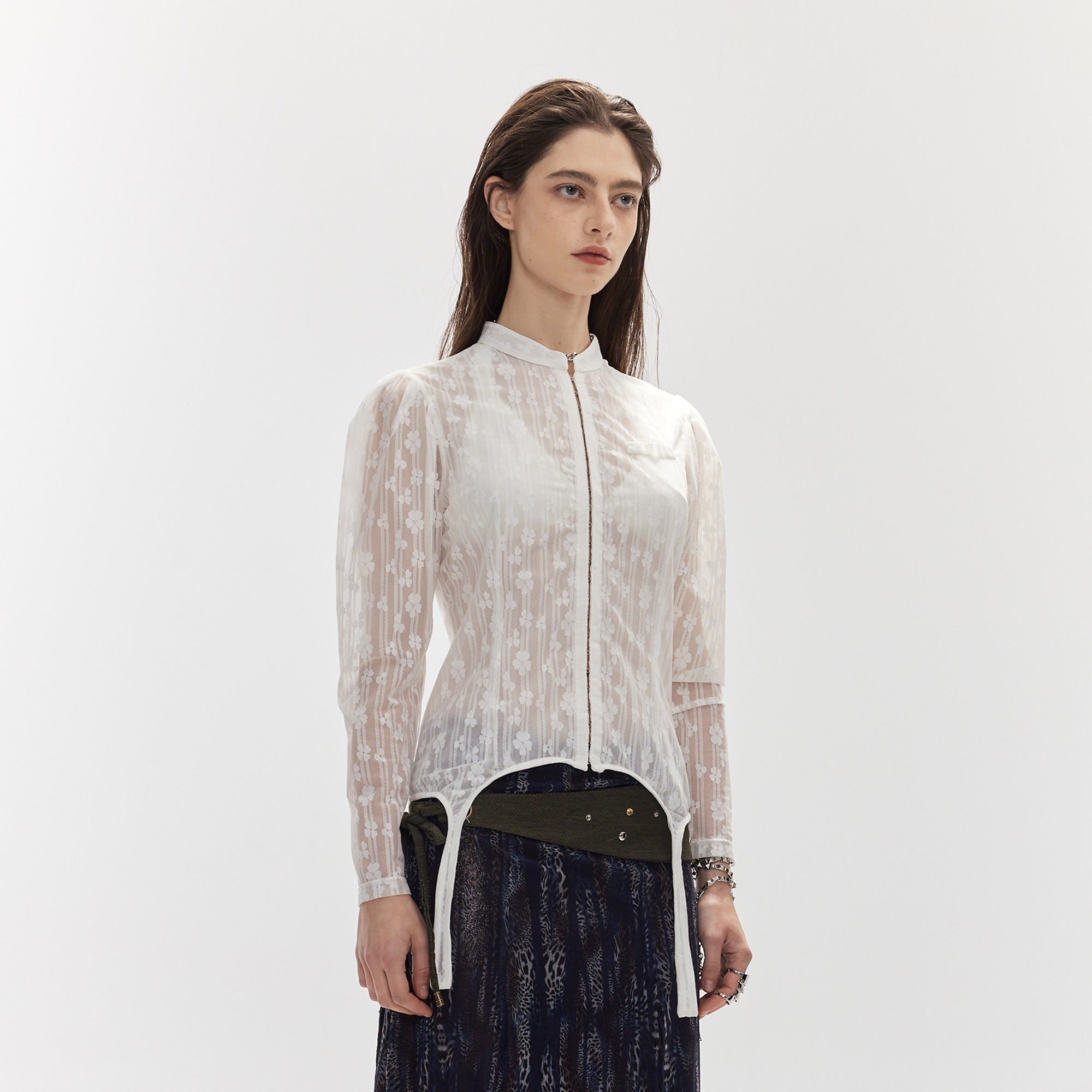 JIUWU PARK Lace Puff Sleeve Fitted Cardigan