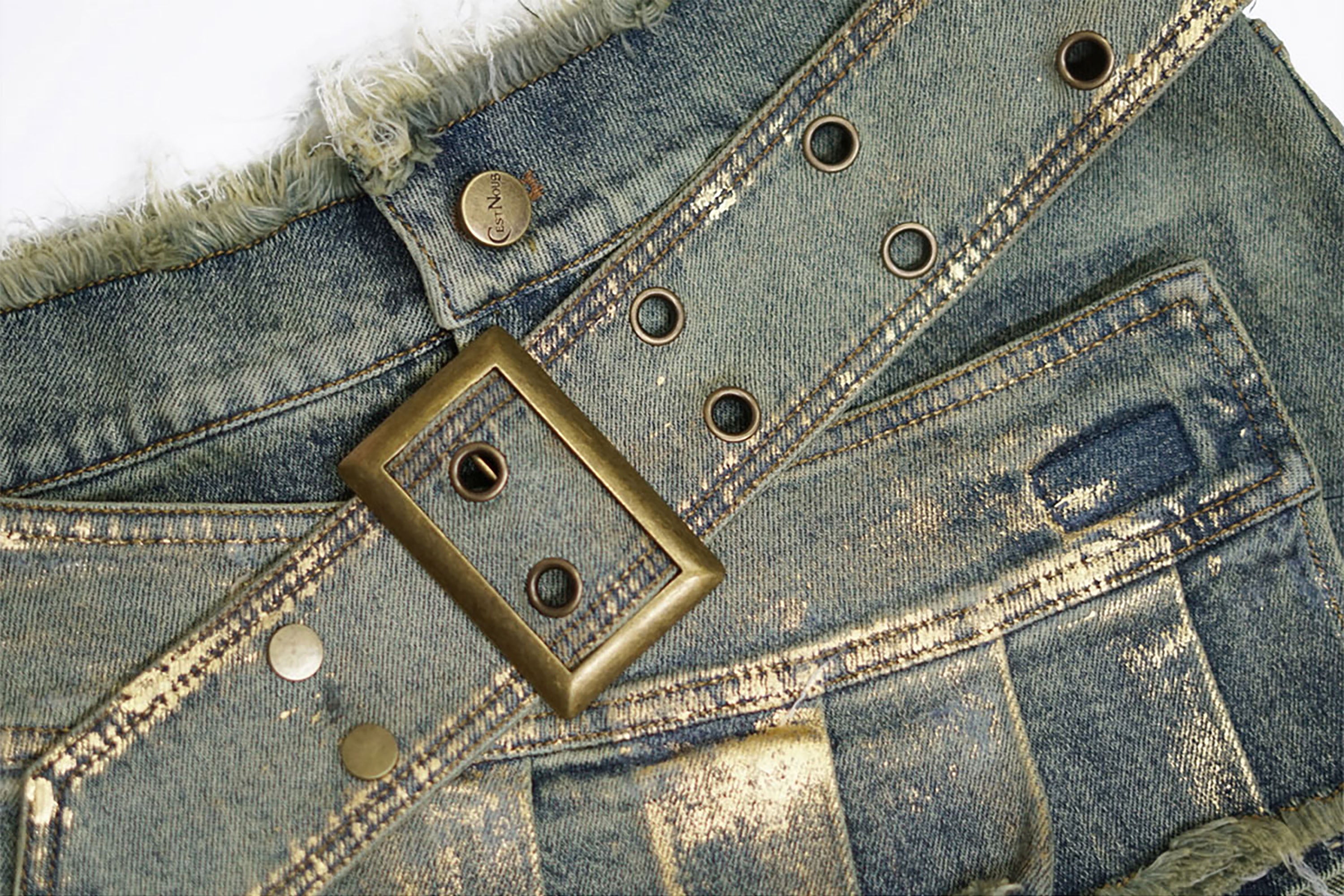CESTNOUS Gold-Foil Paneled Frayed Denim Skort