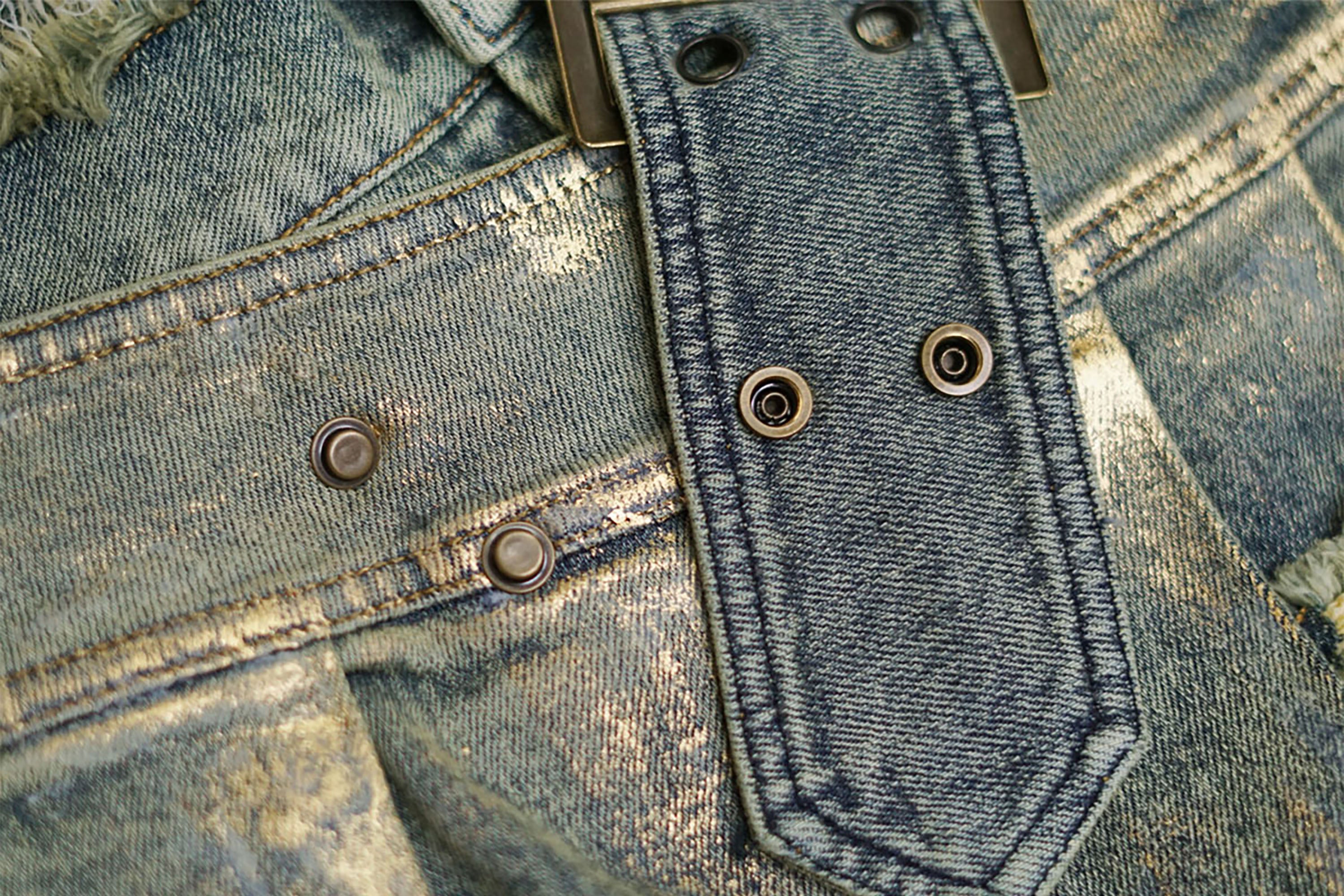 CESTNOUS Gold-Foil Paneled Frayed Denim Skort