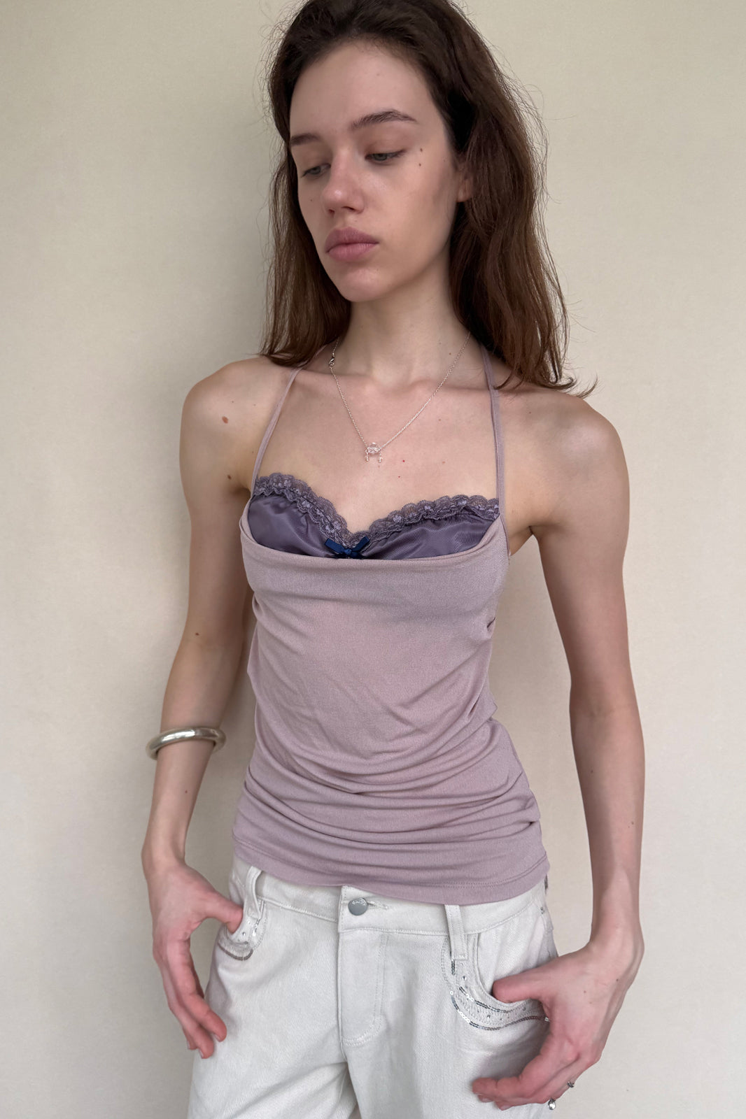 DOTYEARS Layered Lace Trim Halter Top