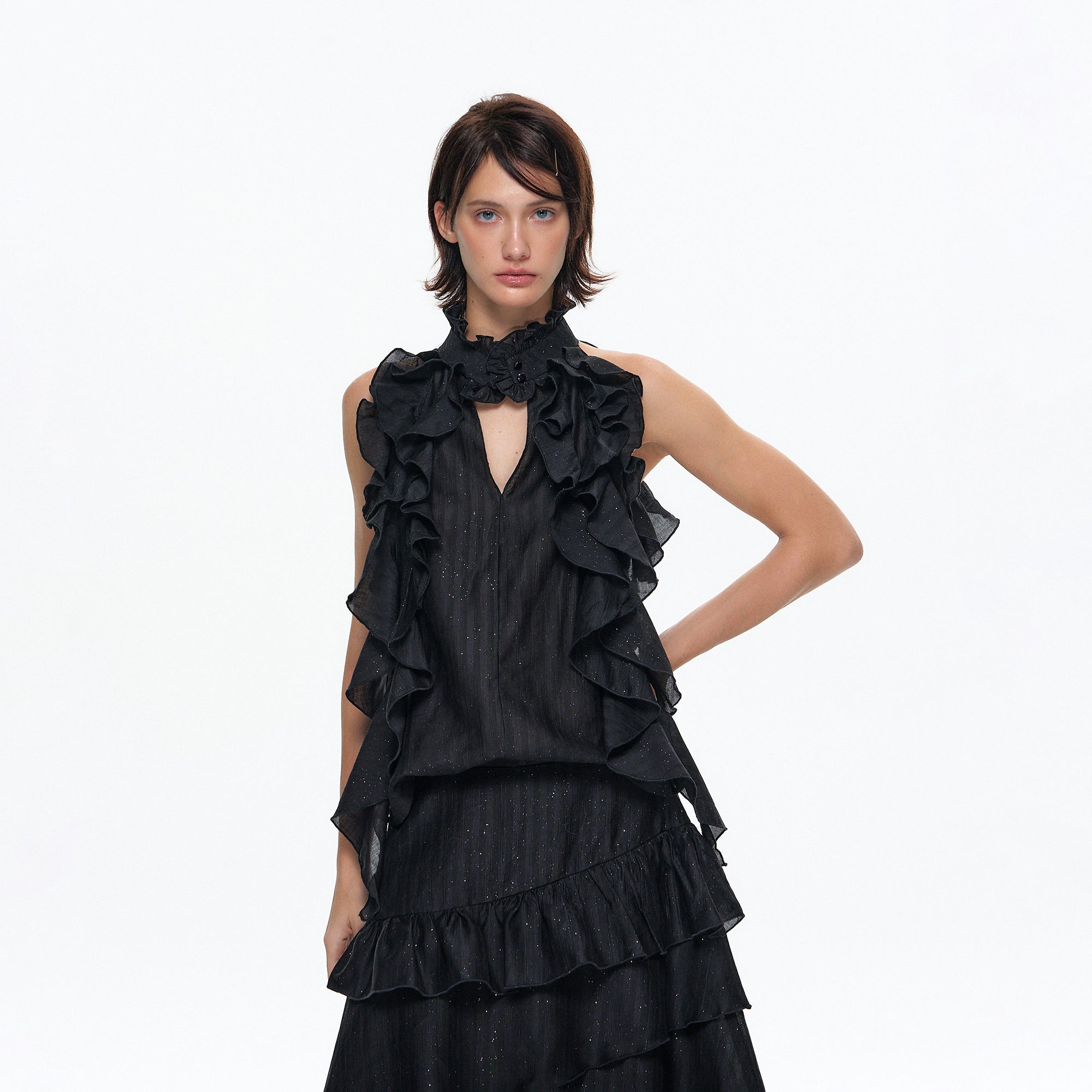10AMSOTIIIIIIRED Tiered Ruffle Sleeveless Top & Asymmetric Skirt Set