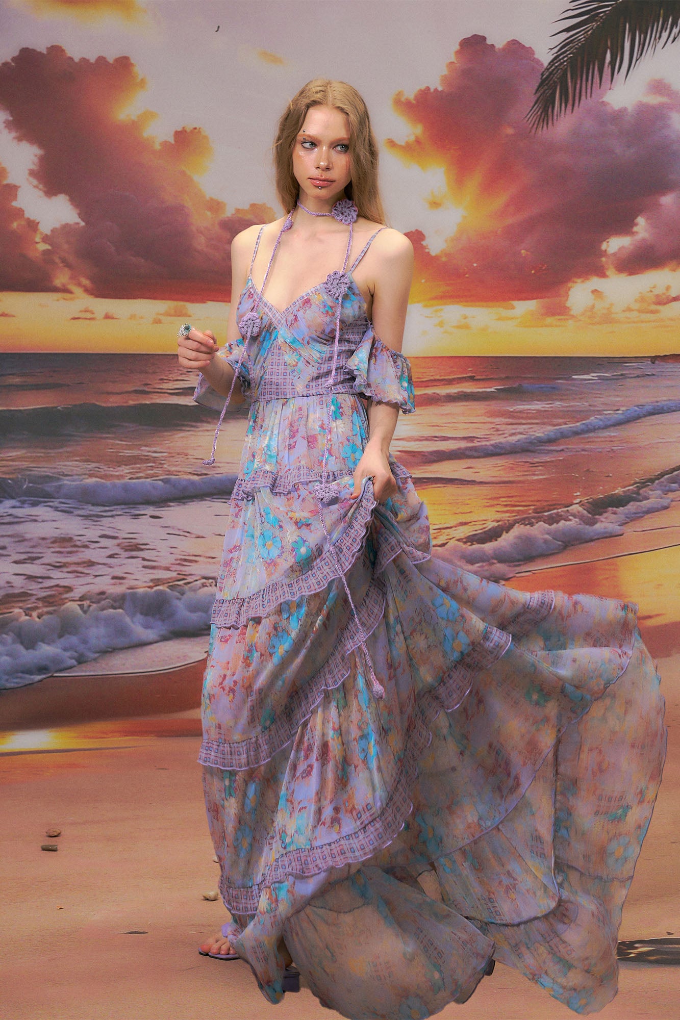 THE NEVERMORE Floral Plaid-Trim Tiered Maxi Dress