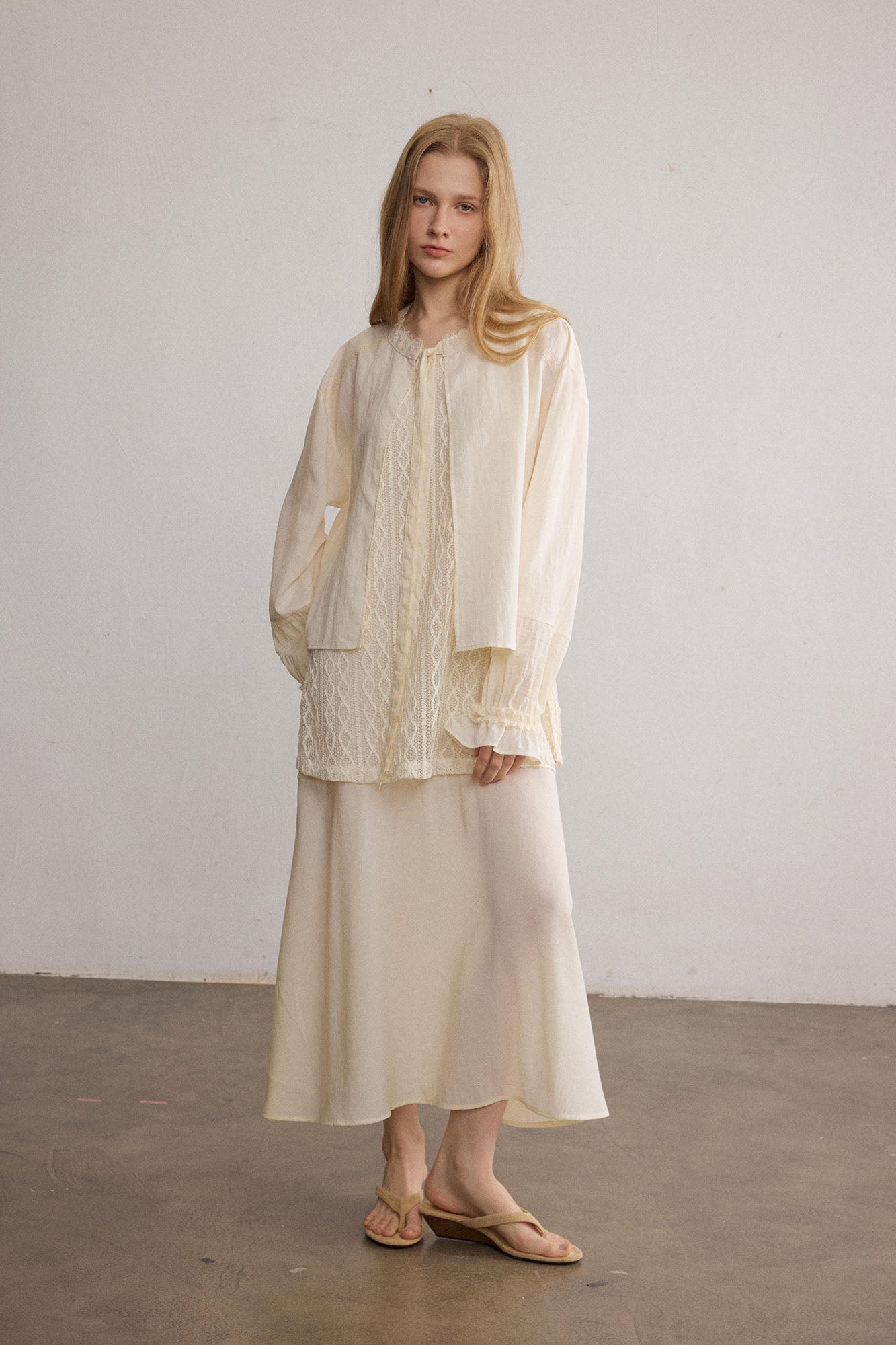 SAME FLOW Layered Lace-Panel Tie-Neck Long-Sleeve Tee