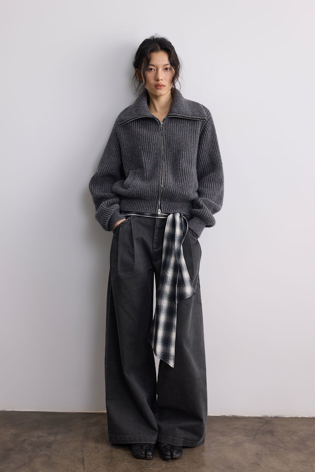 SAME FLOW Ribbed Oversized Polo Zip-Up Cardigan