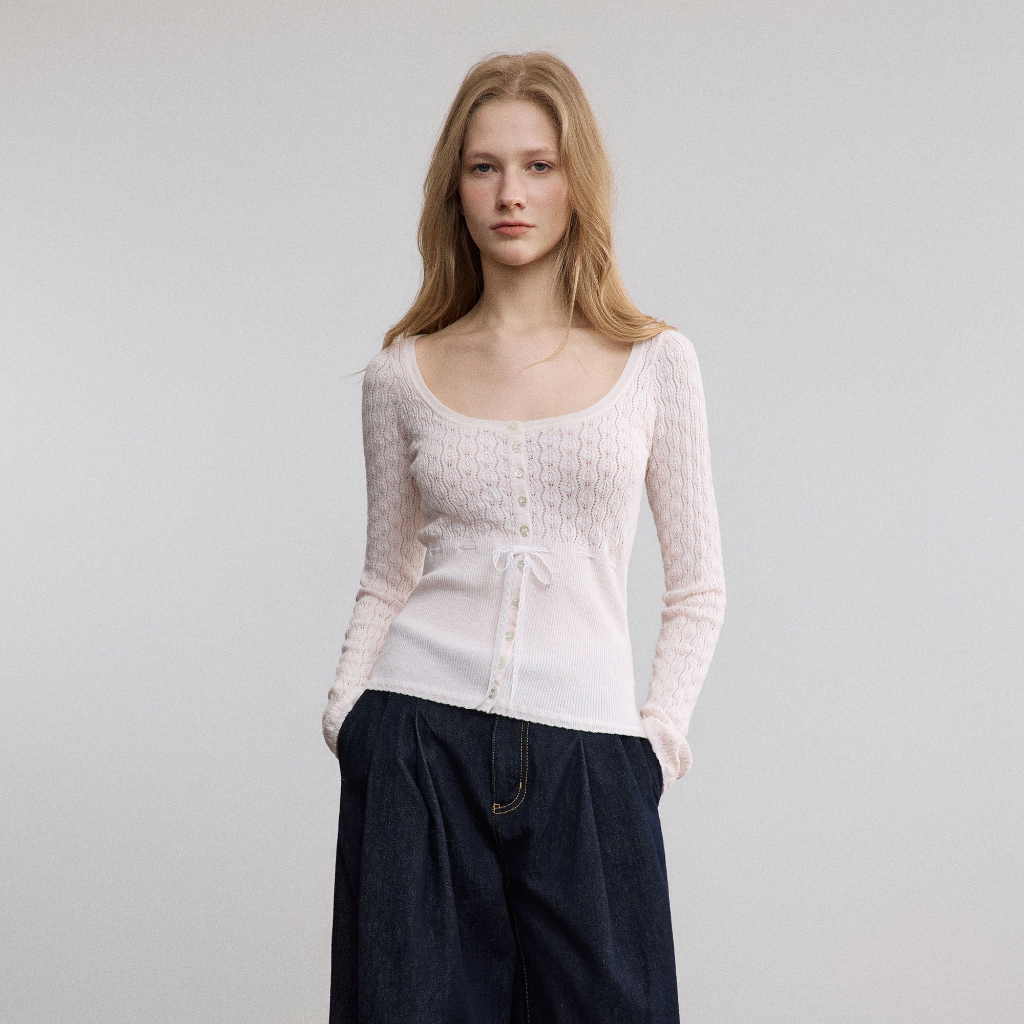 SAME FLOW Pointelle Lace-Tie Long-Sleeve Tee
