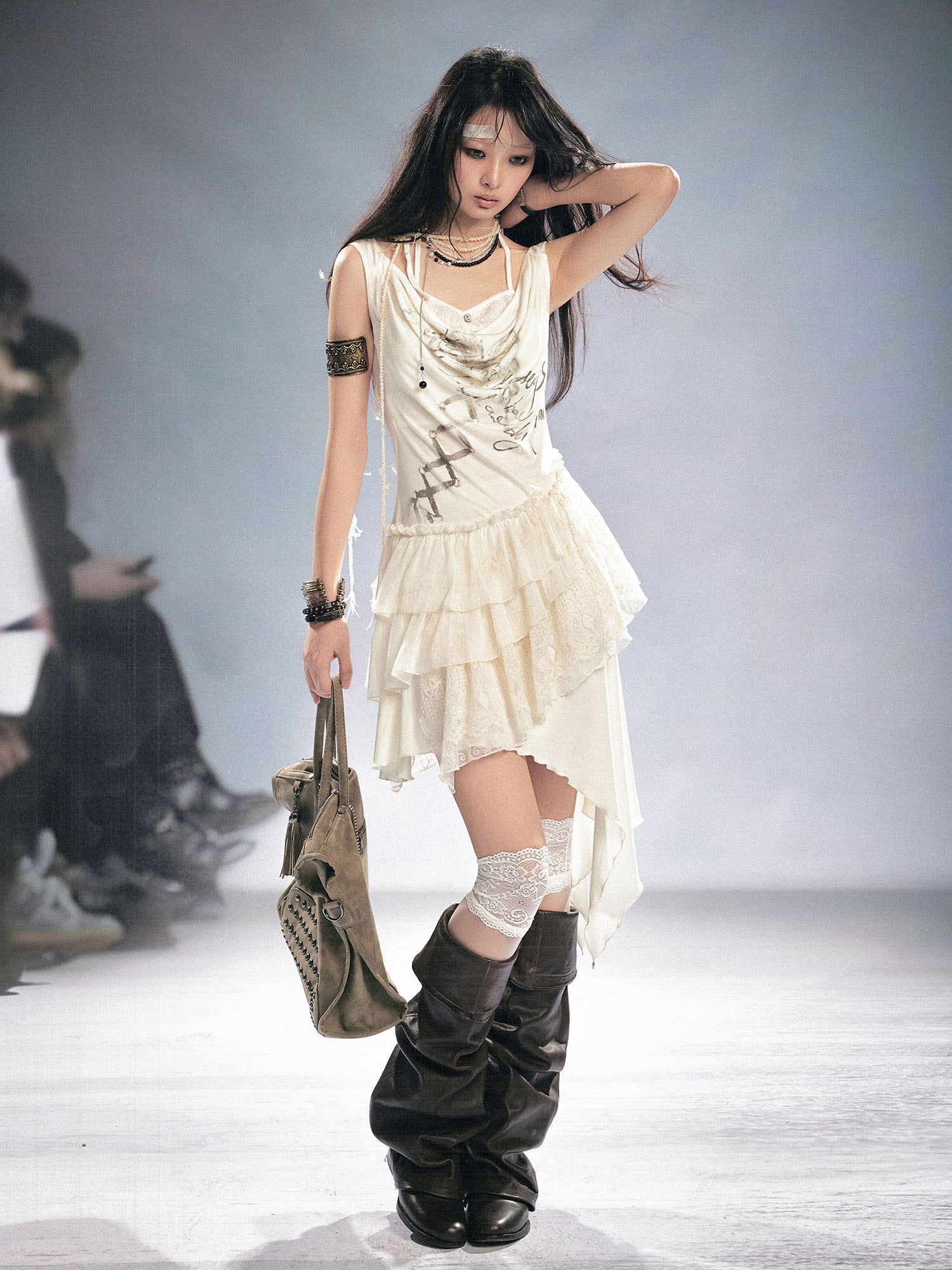 CESTNOUS Asym Layered Lace Cowl Neck Dress